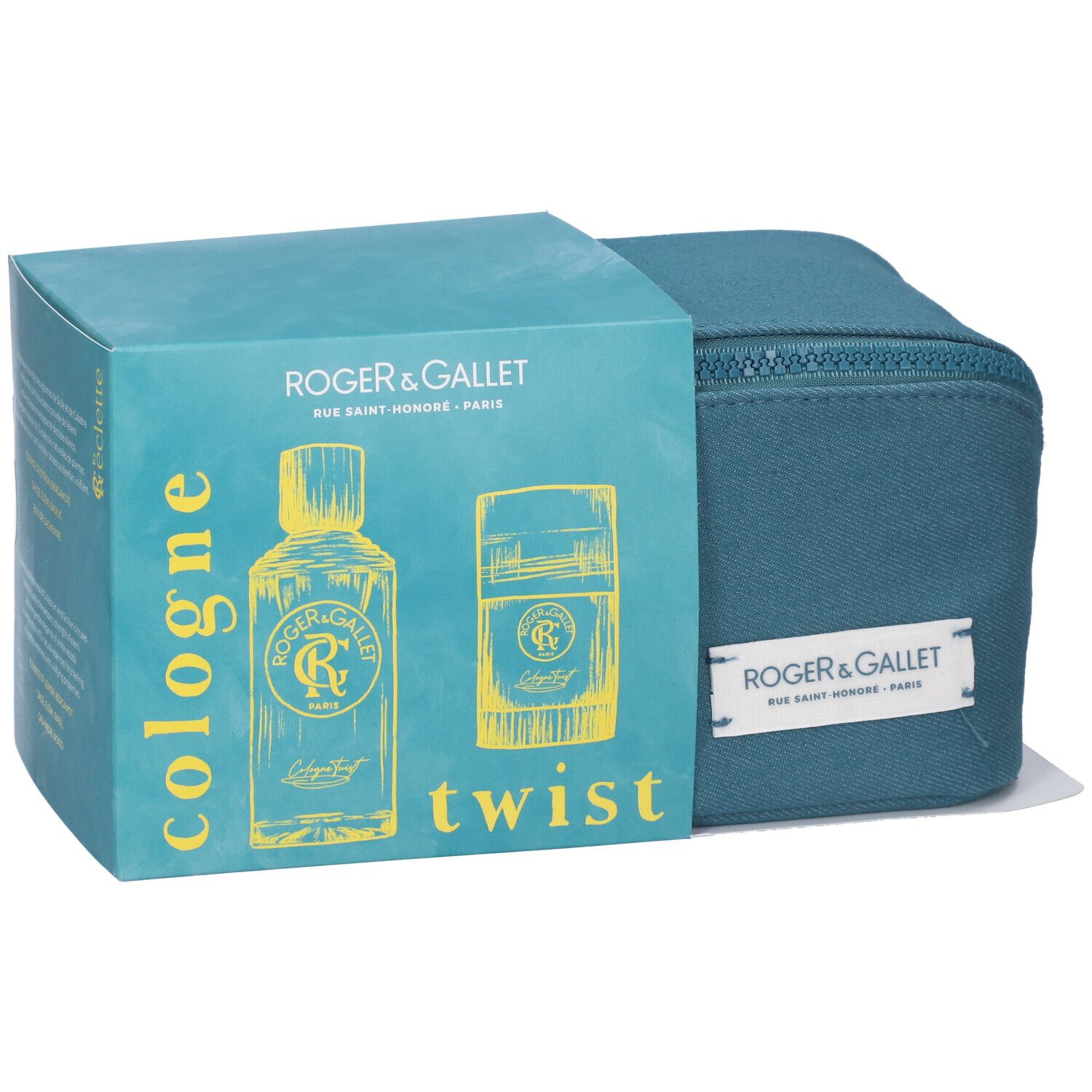 Set regalo con trousse turchese e scatola. Sulla scatola: logo e testo ROGER & GALLET, illustrazione di flacone e deodorante, testo cologne e twist.