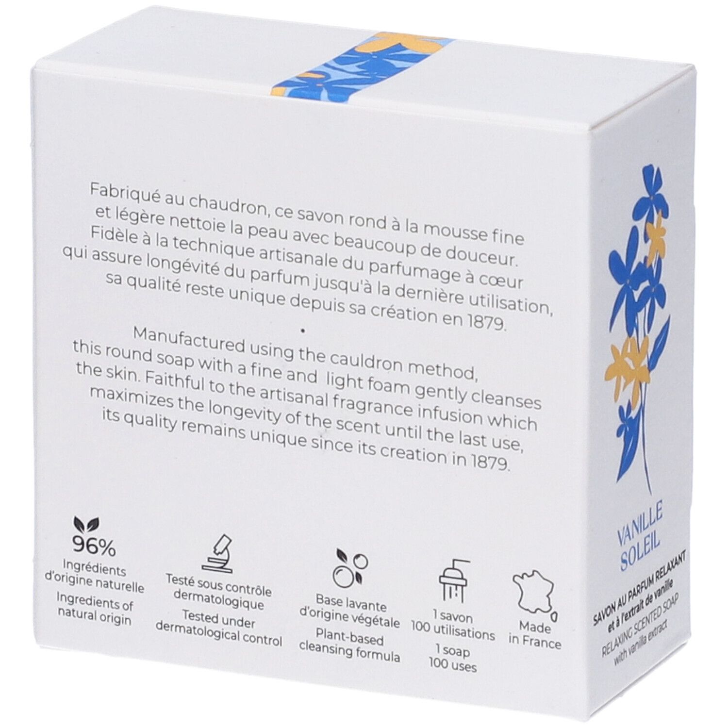 Retro della confezione bianca. Testo: 96% ingredienti di origine naturale, testato dermatologicamente, formula detergente vegetale.