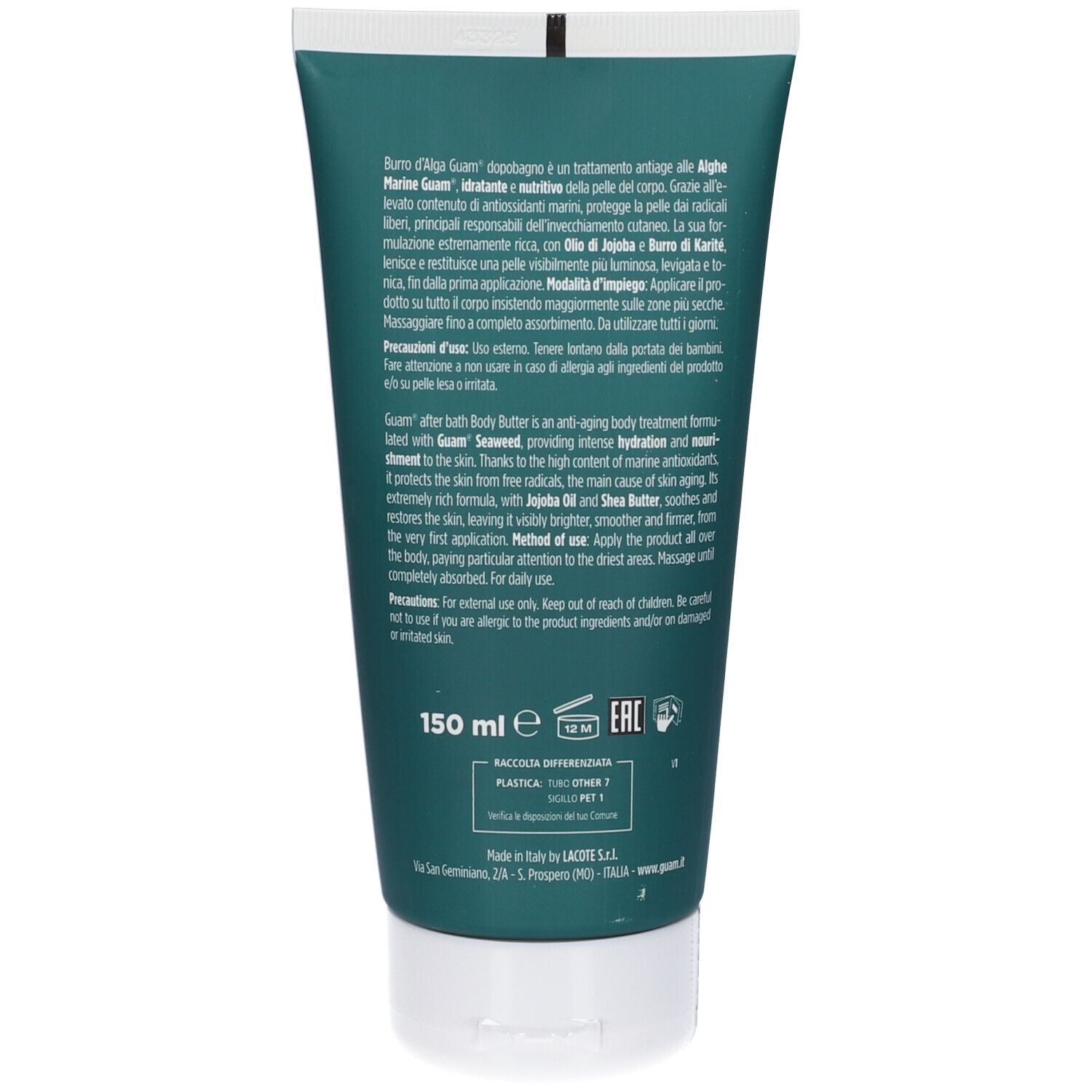 Retro del tubo verde. Testo: informazioni sul prodotto, ingredienti, 150 ml, codice EAN, indirizzo del produttore.