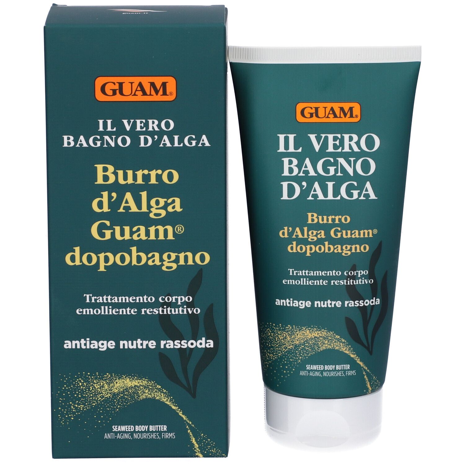 Confezione del prodotto: tubo e scatola. Entrambi verdi con testo bianco. Testo: GUAM, IL VERO BAGNO D'ALGA, Burro d'Alga Dopobagno.