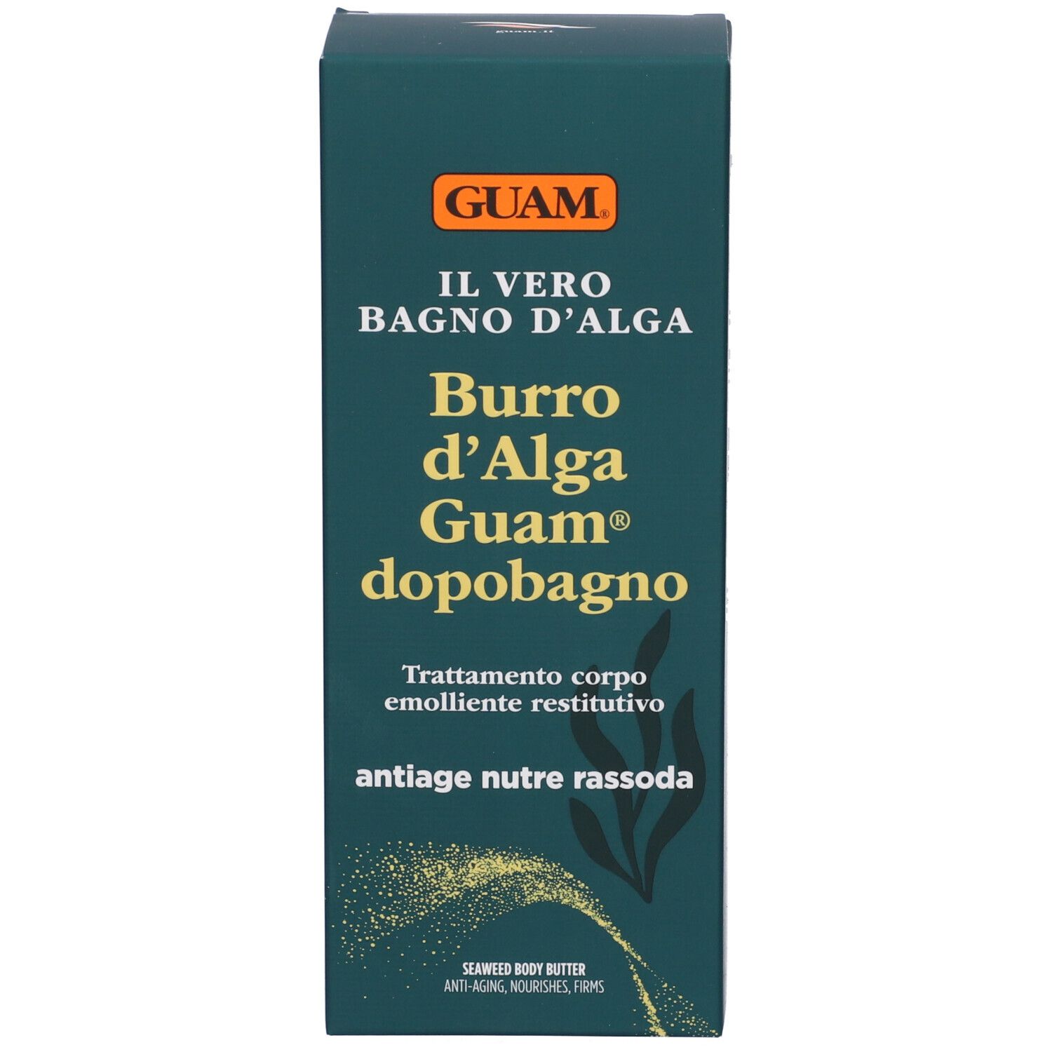 Confezione del prodotto verde. Testo: GUAM, IL VERO BAGNO D'ALGA, Burro d'Alga Dopobagno. Nome del prodotto e logo.