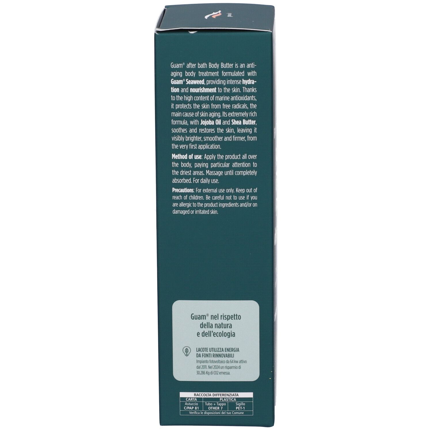 Retro della confezione del prodotto. Testo: informazioni sul prodotto, ingredienti, logo, certificazione di sostenibilità.