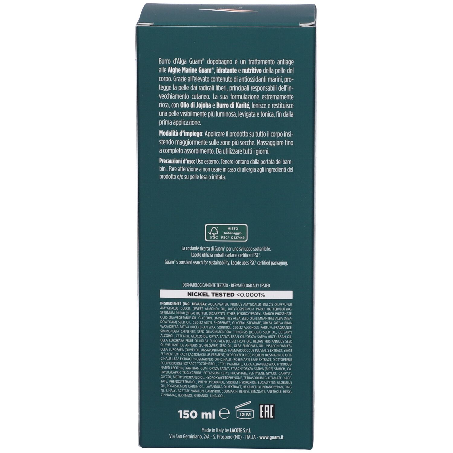 Retro della confezione del prodotto. Testo: informazioni sul prodotto, ingredienti, 150 ml, codice EAN, indirizzo del produttore.