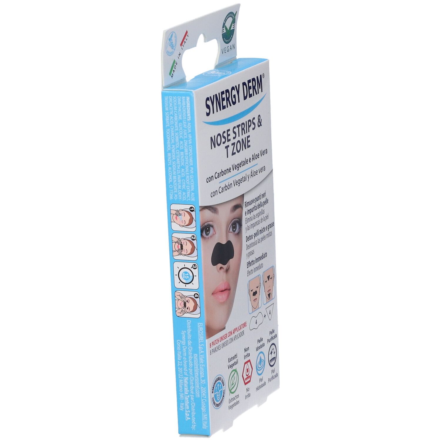 Vista laterale della confezione di SYNERGY DERM Nose Strips & T Zone. Vegano. Con immagine del prodotto.