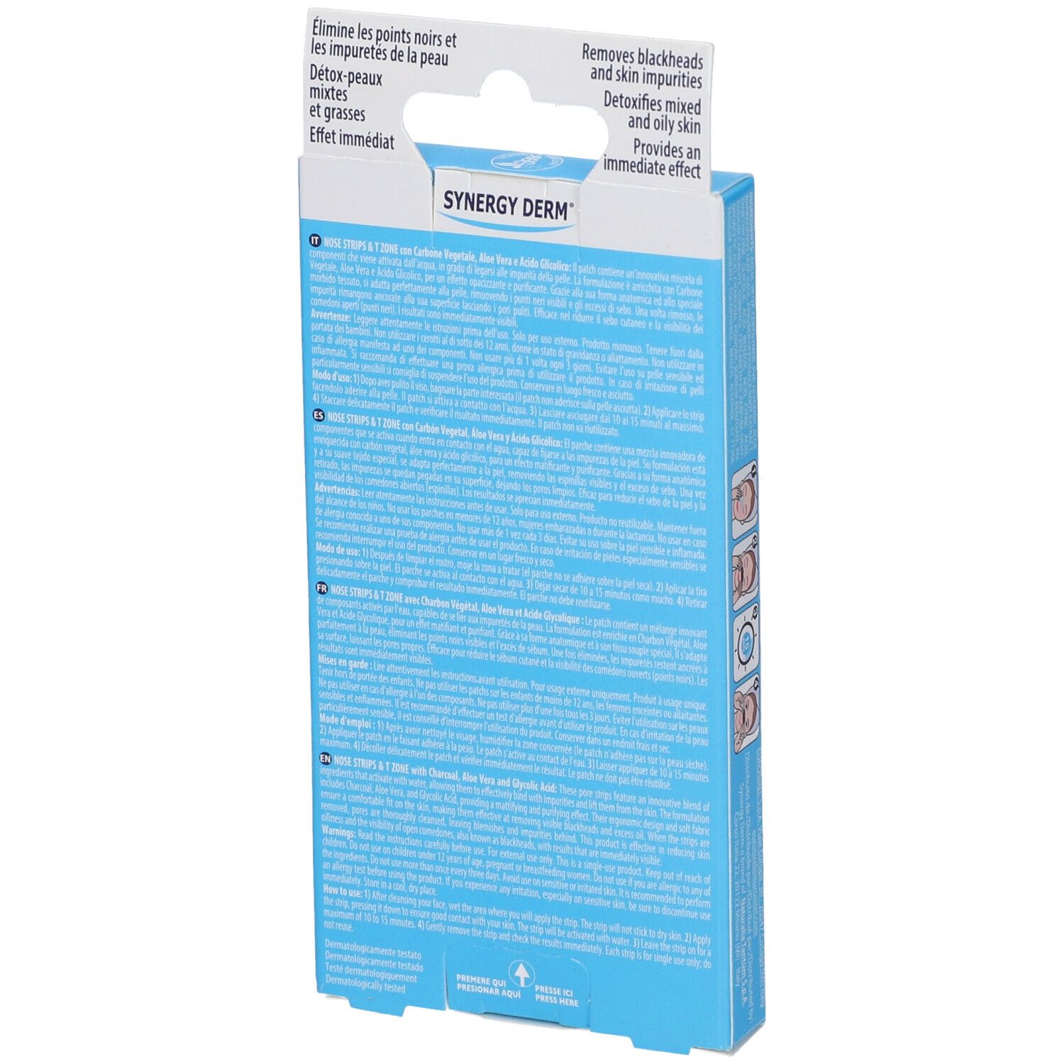 Retro della confezione di SYNERGY DERM Nose Strips & T Zone. Testo in più lingue.