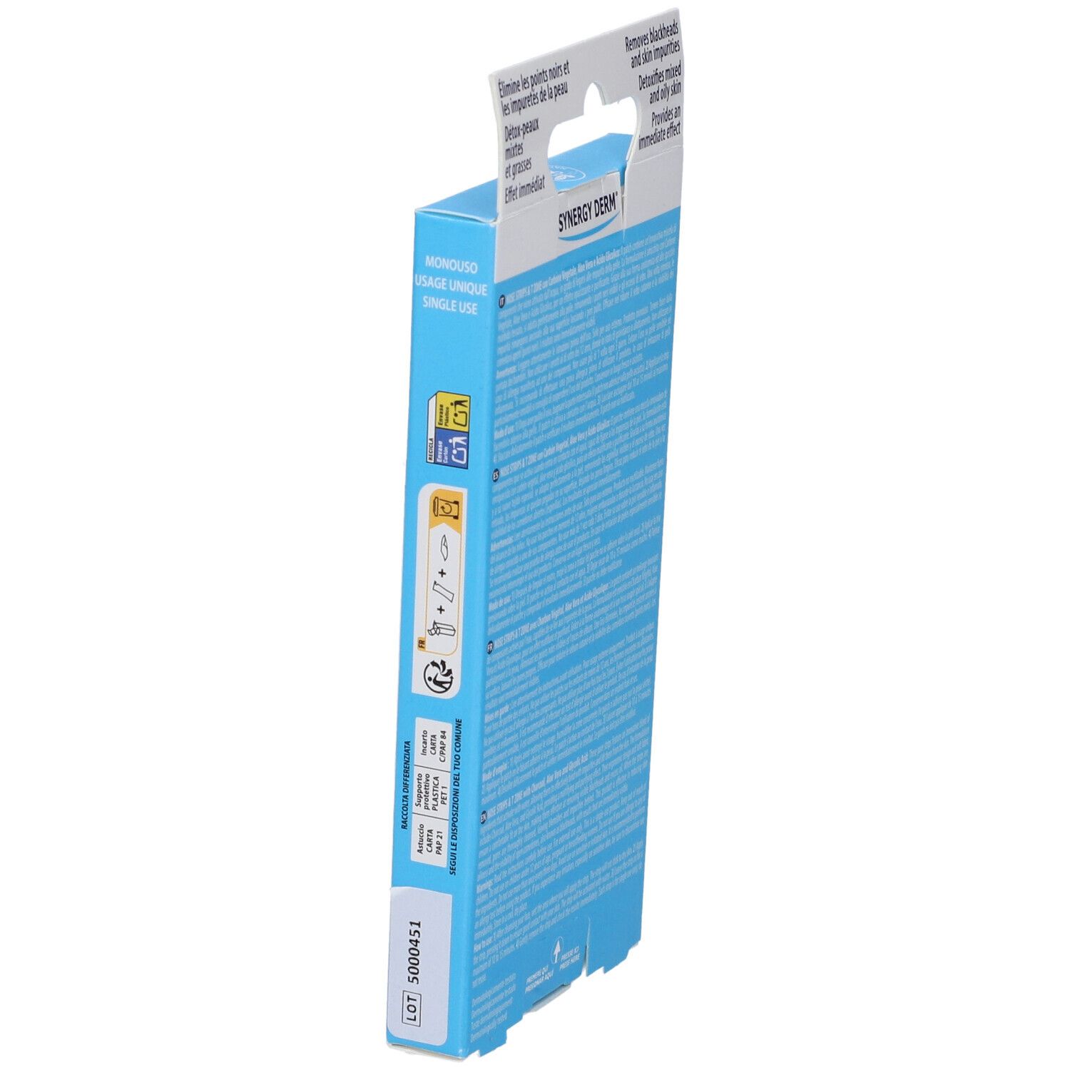 Vista laterale della confezione di SYNERGY DERM Nose Strips & T Zone. Con testo e loghi.
