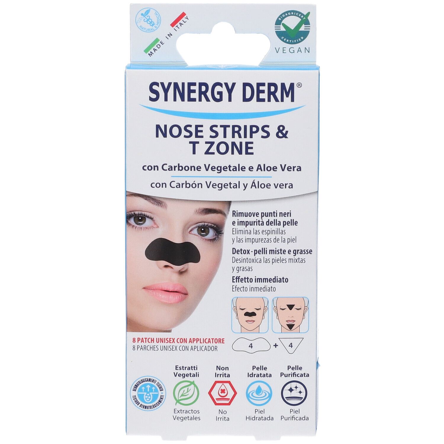 Vista frontale della confezione di SYNERGY DERM Nose Strips & T Zone. Contiene 8 patch. Vegano.