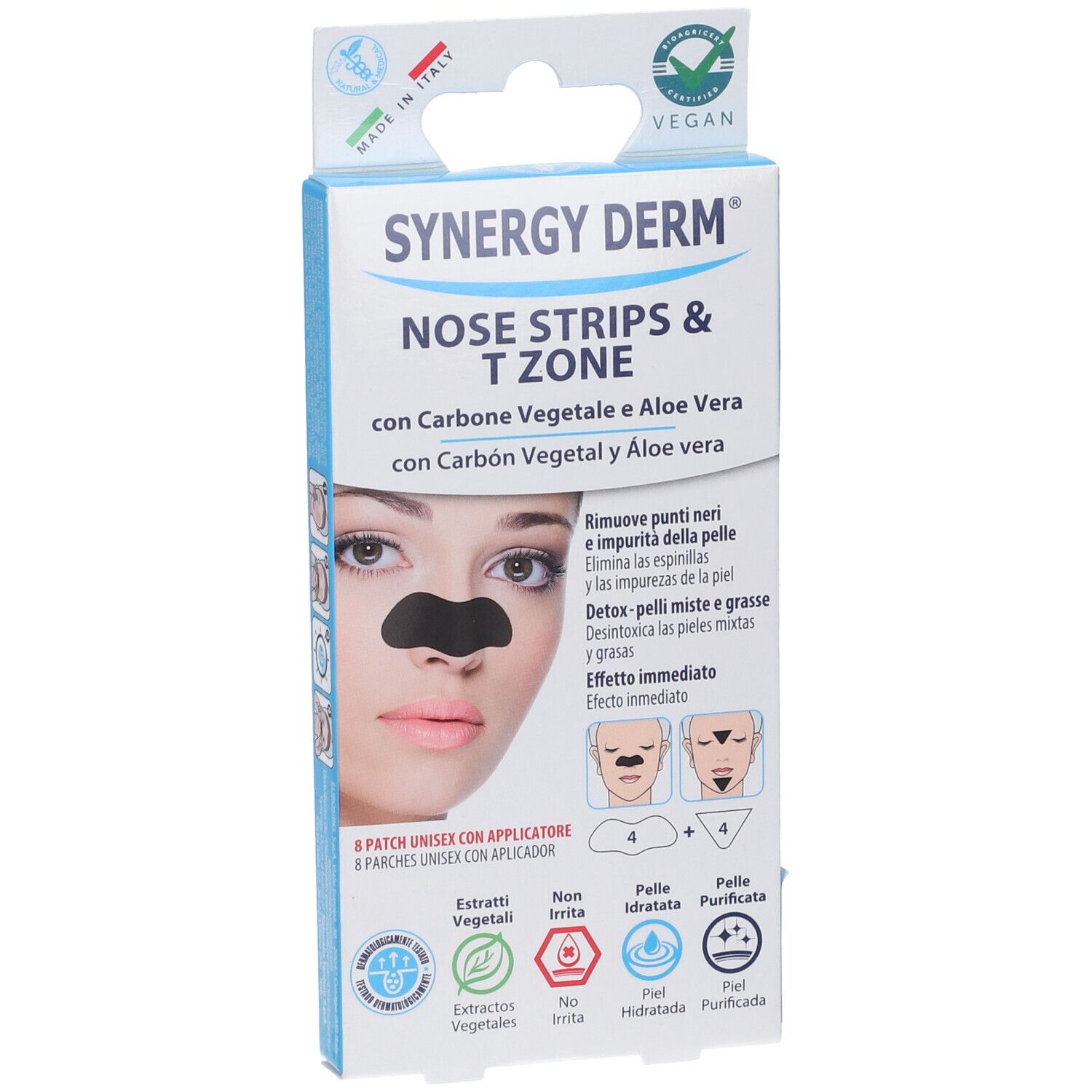Vista frontale della confezione di SYNERGY DERM Nose Strips & T Zone. Contiene 8 patch. Vegano.