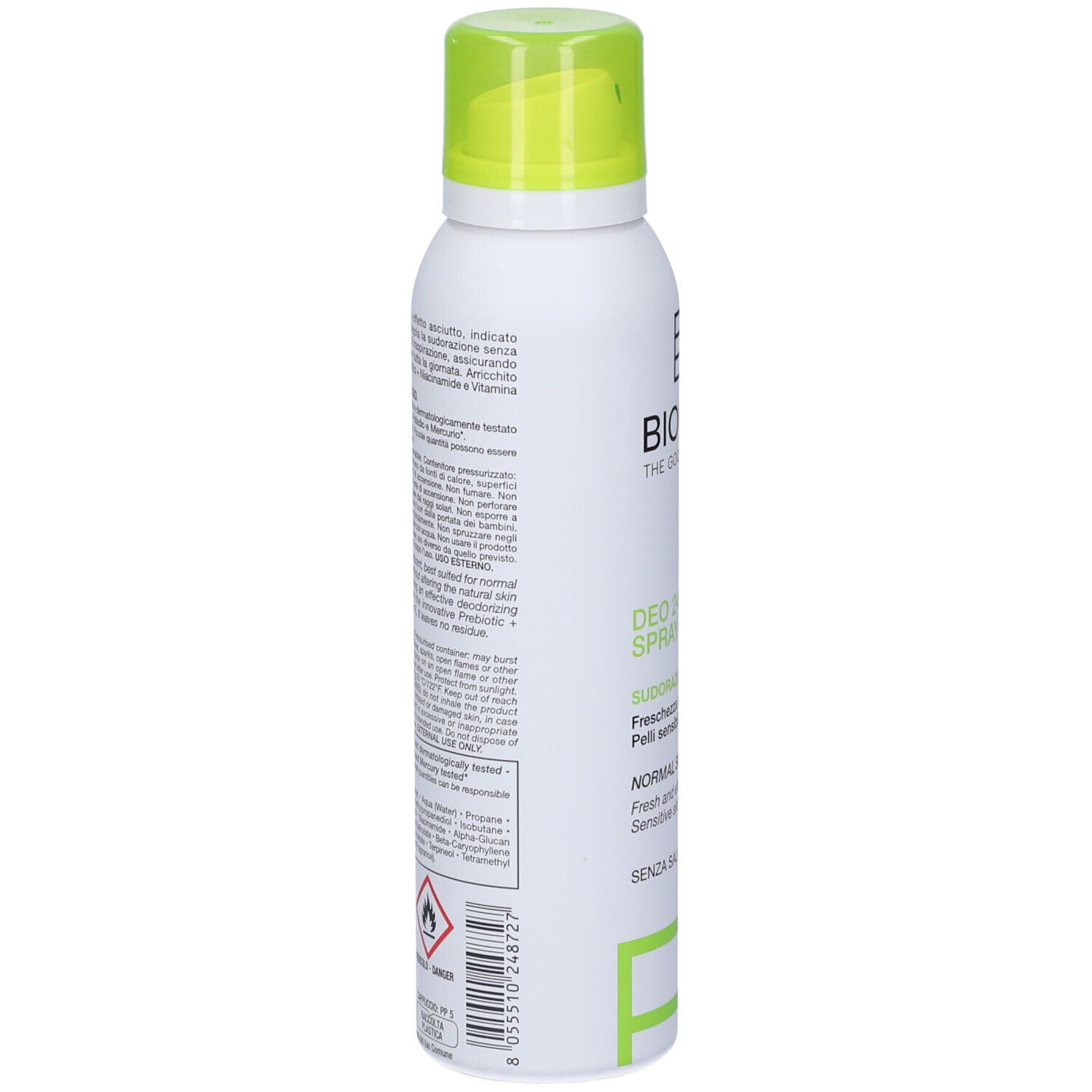 Spray bianco con tappo verde. Testo in italiano. Avvertenze e istruzioni per l'uso.