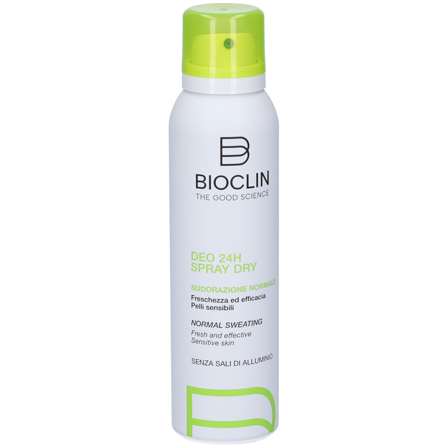 Spray bianco con tappo verde. Scritta: Bioclin, Deo 24H Spray Dry, per sudorazione normale.