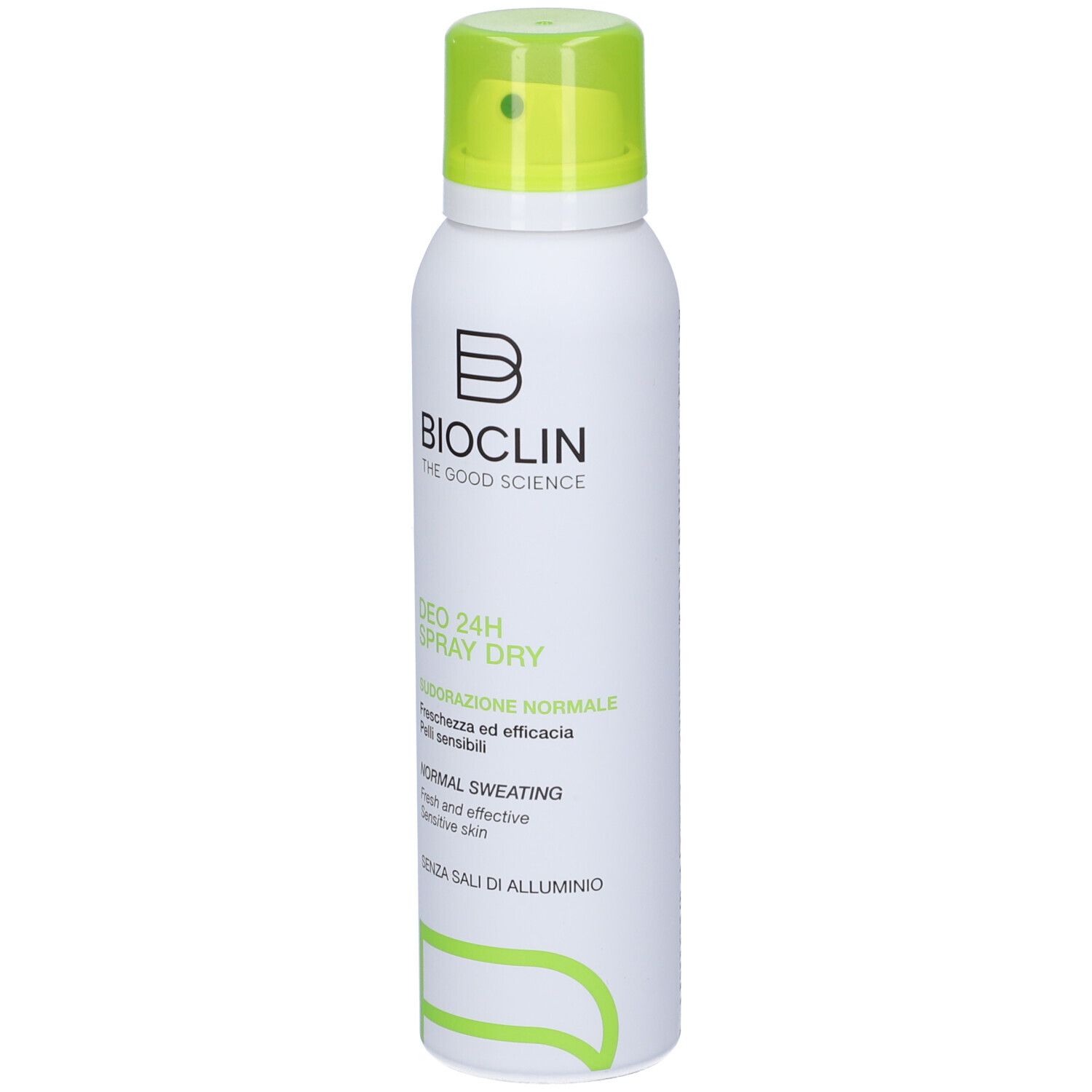 Spray bianco con tappo verde. Scritta: Bioclin, Deo 24H Spray Dry, per sudorazione normale.