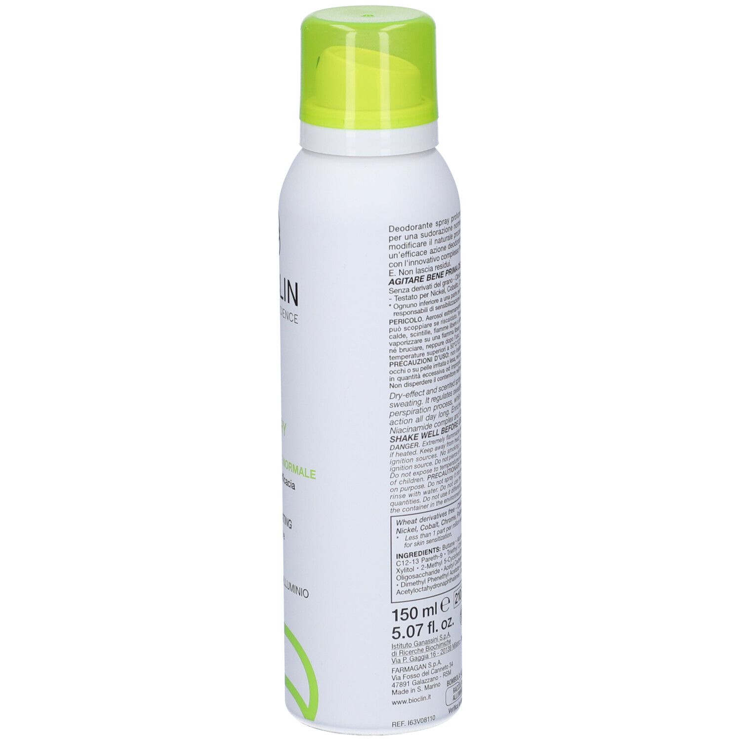 Spray bianco con tappo verde. Testo in italiano. Volume: 150 ml. Avvertenze.