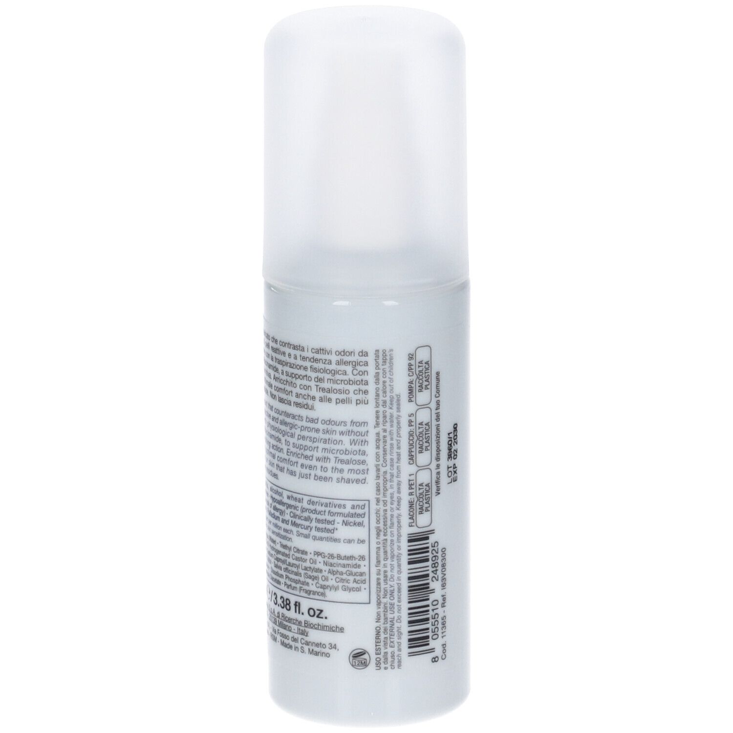 Flacone spray deodorante con testo sul retro. Ingredienti e altre informazioni.