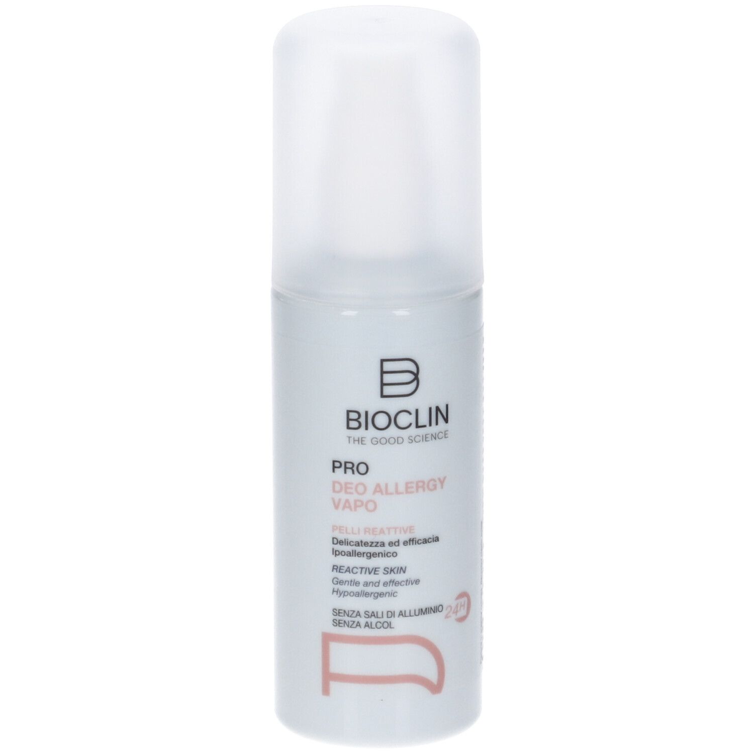 Spray deodorante con tappo bianco. Scritta: Bioclin Pro Deo Allergy Vapo. Per pelli reattive.