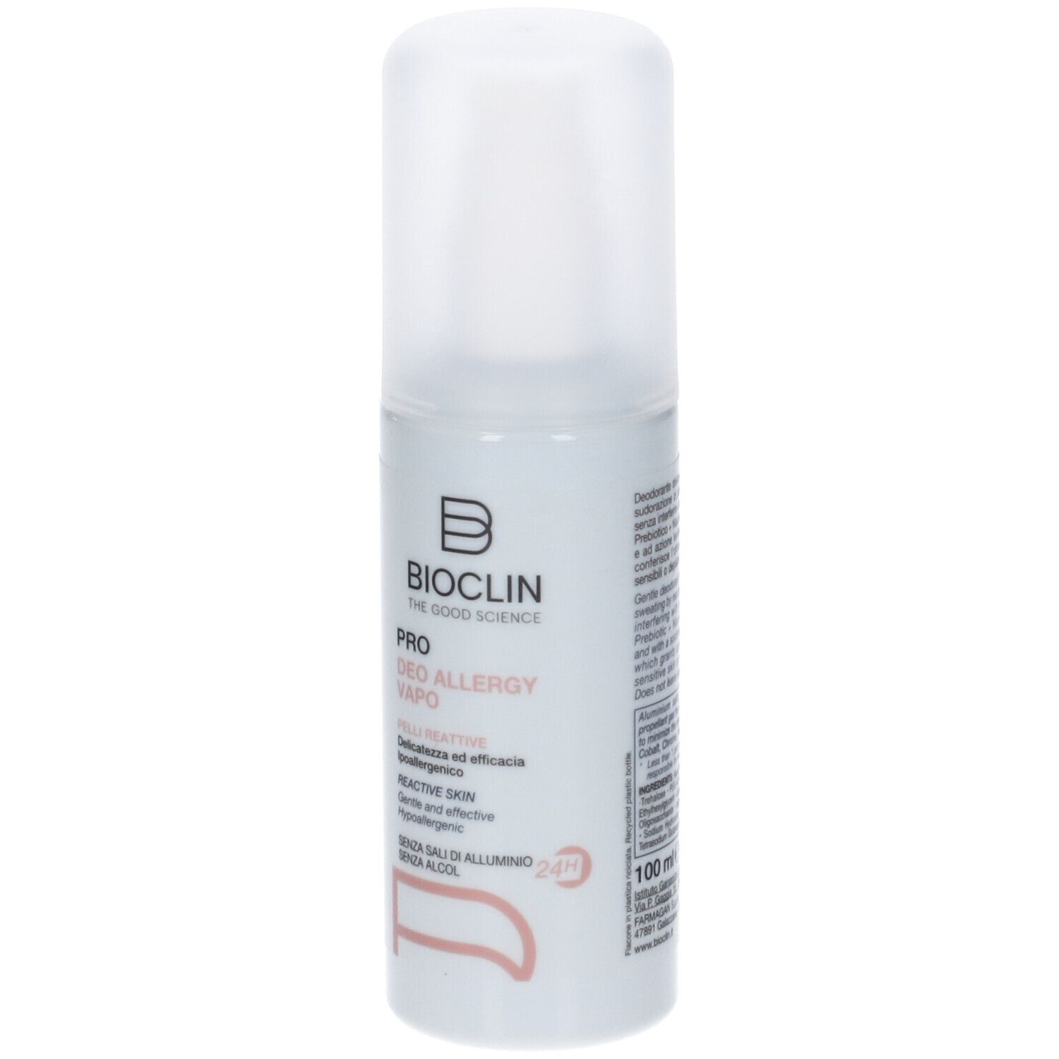 Spray deodorante con tappo bianco. Scritta: Bioclin Pro Deo Allergy Vapo. 100 ml.