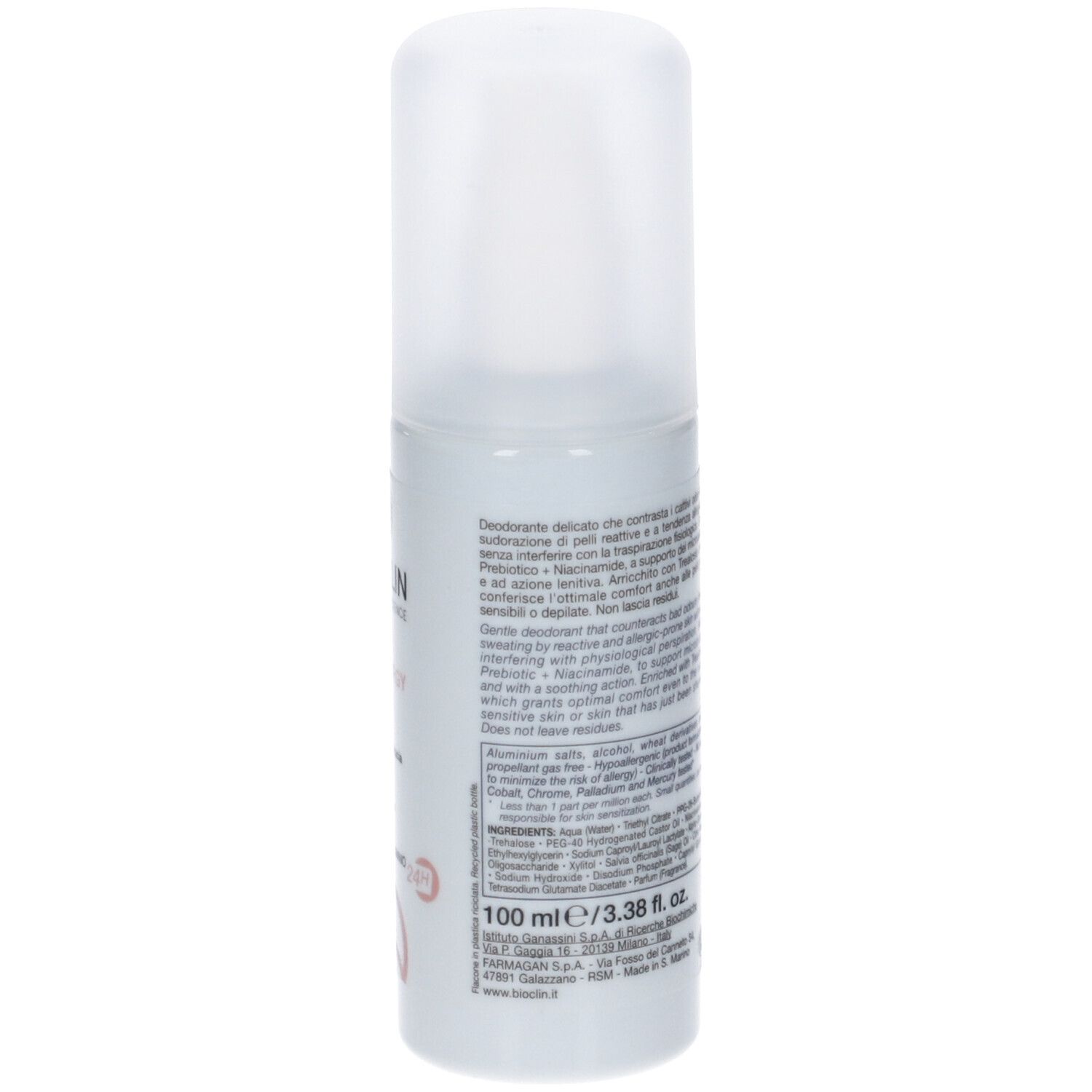 Flacone spray deodorante con testo sul retro. Ingredienti e altre informazioni. 100 ml.