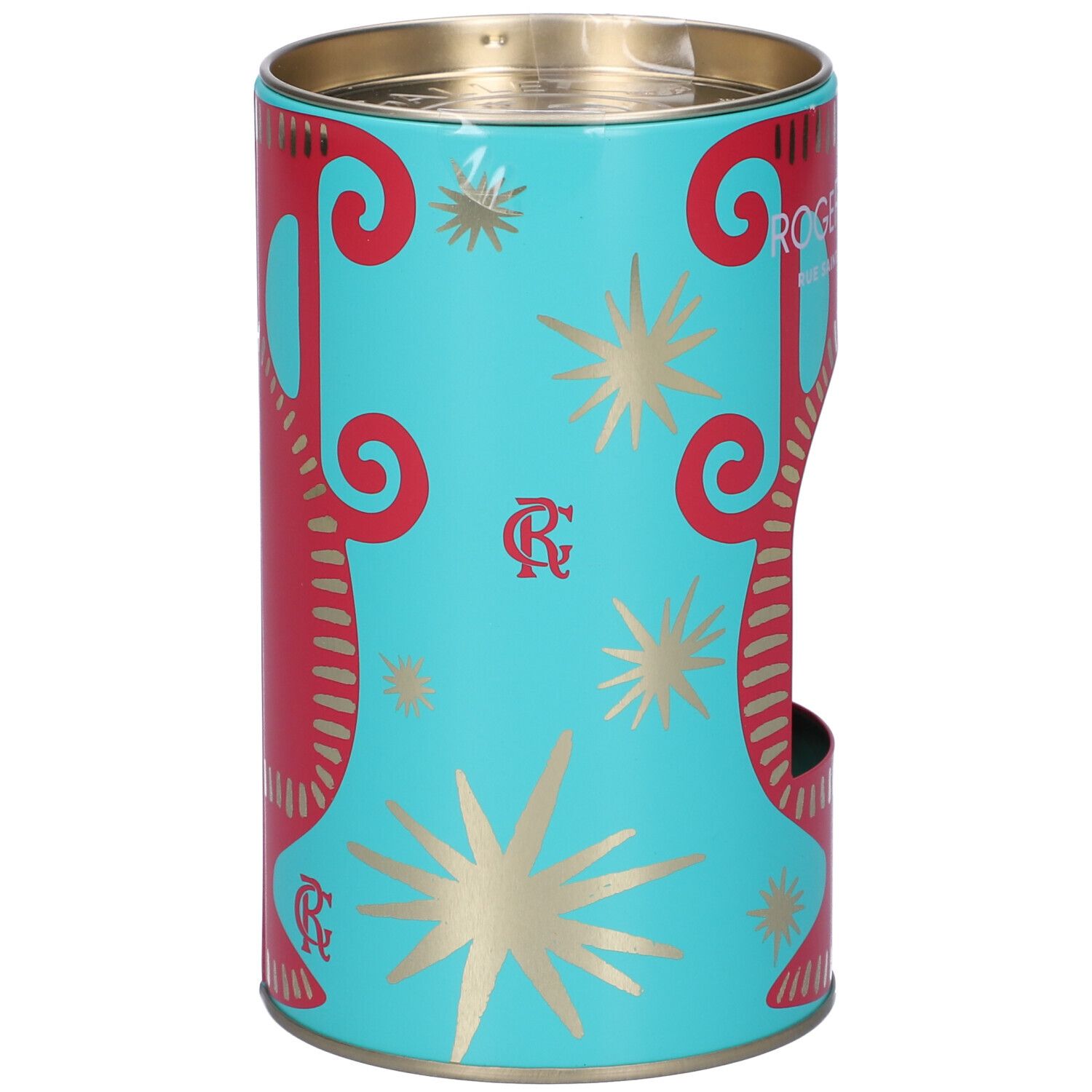 Scatola cilindrica turchese con decorazioni rosse e dorate. Logo del marchio e stelle. Coperchio in metallo.