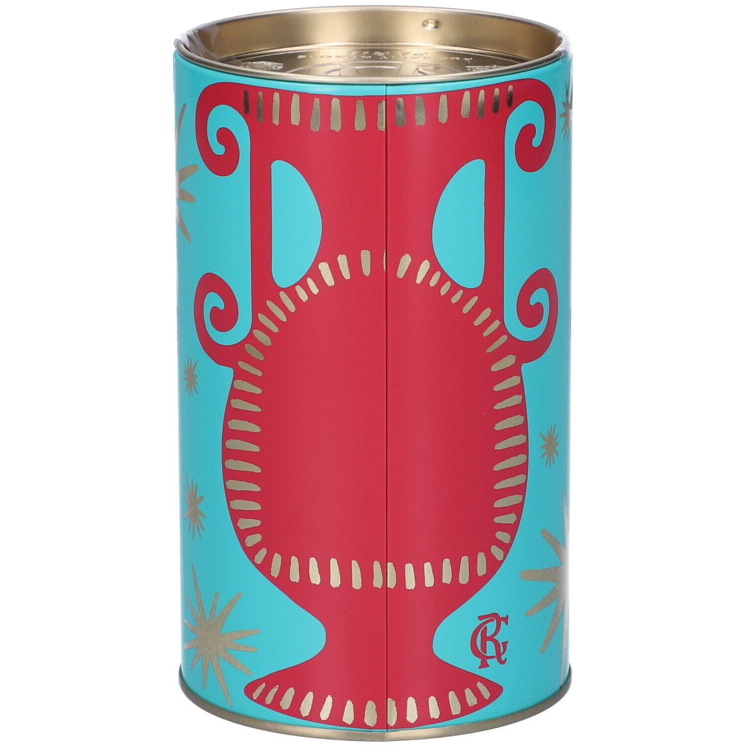 Scatola cilindrica turchese con decorazione rossa. Stelle dorate. Logo del marchio. Coperchio in metallo.
