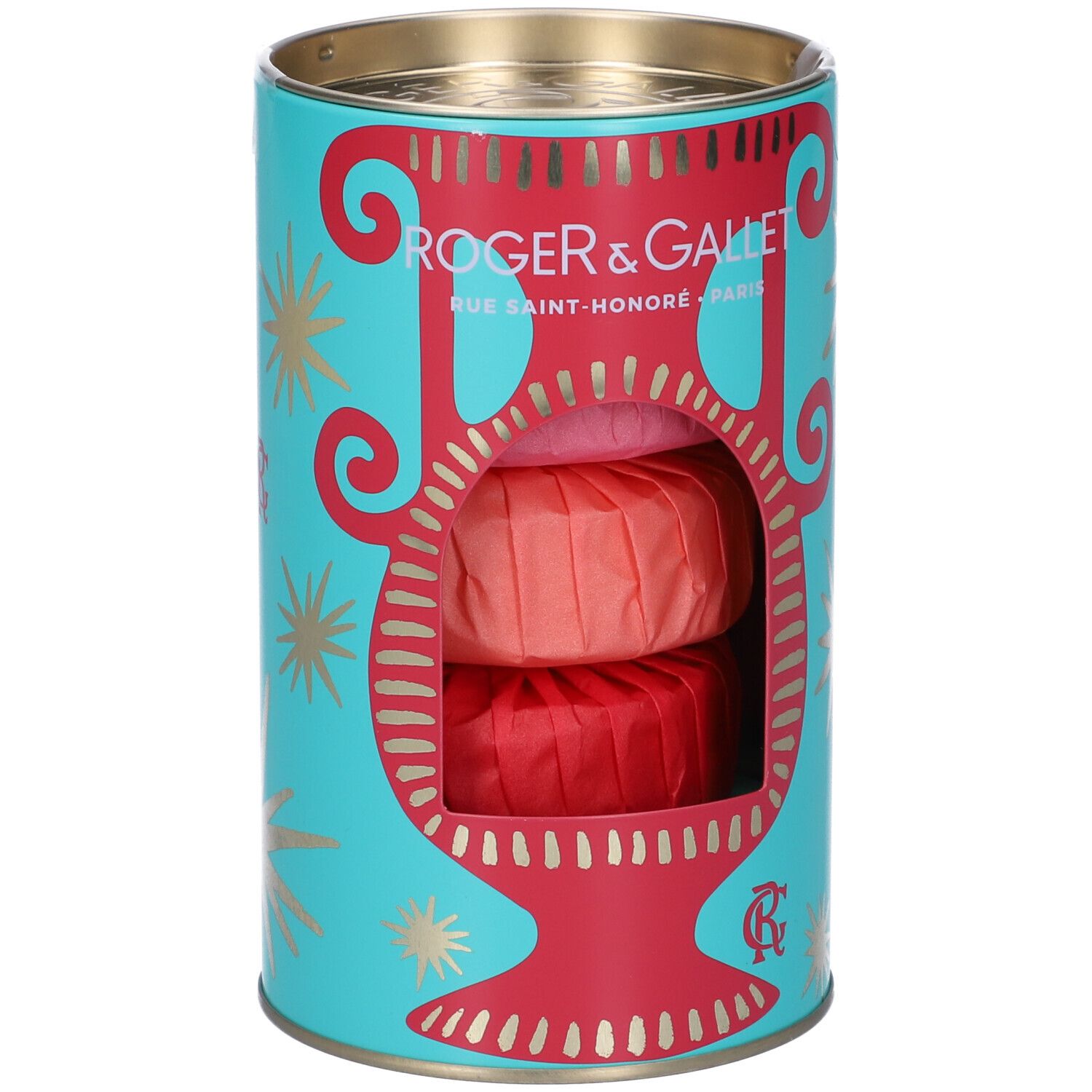 Scatola cilindrica con tre saponi. Decorazioni turchesi, rosse e dorate. Marchio ROGER & GALLET.