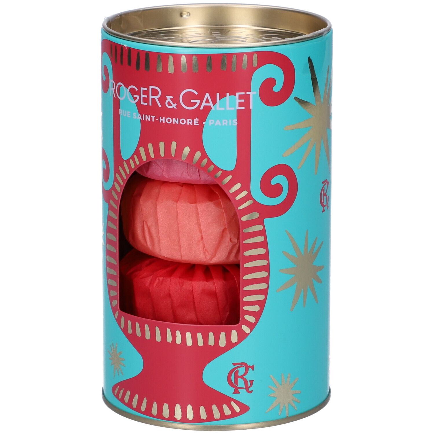 Scatola cilindrica con tre saponi. Decorazioni turchesi, rosse e dorate. Marchio ROGER & GALLET.