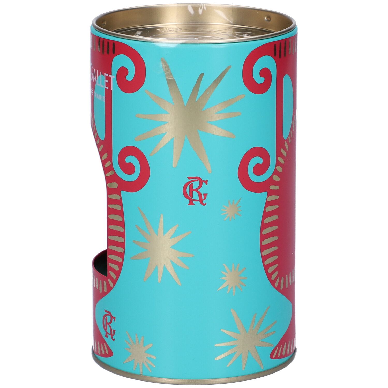 Scatola cilindrica turchese con decorazioni rosse e dorate. Logo del marchio e stelle. Coperchio in metallo.