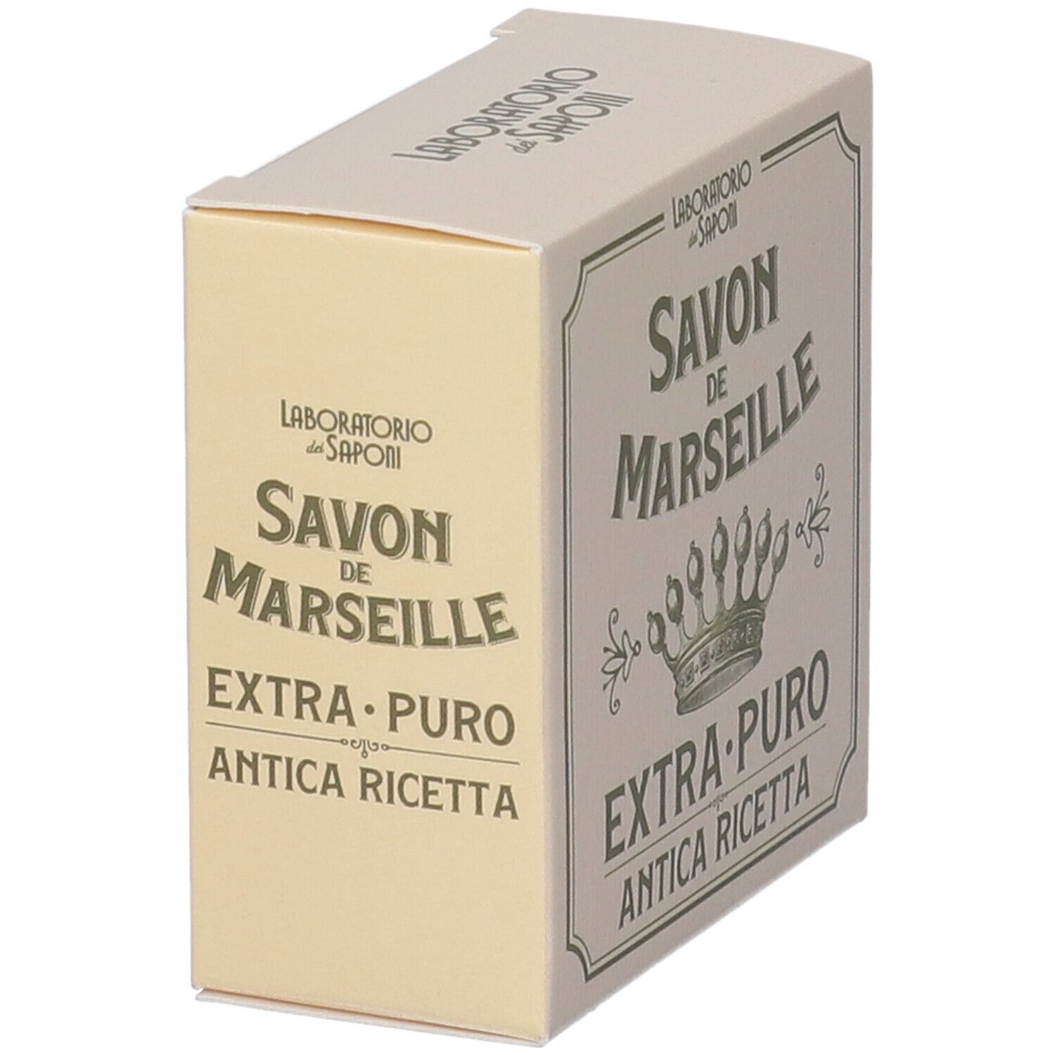 Scatola Savon de Marseille, Extra Puro, Antica Ricetta. Logo corona. Vista obliqua.