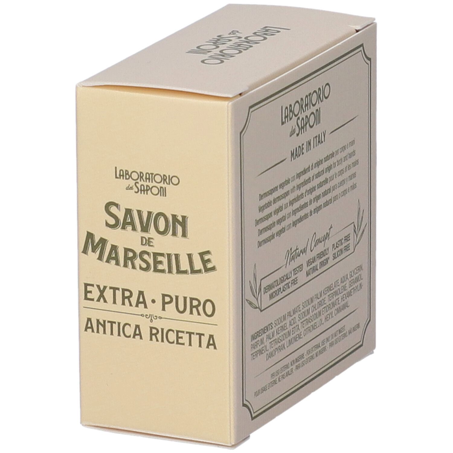 Scatola Savon de Marseille, Extra Puro, Antica Ricetta. Vista obliqua.