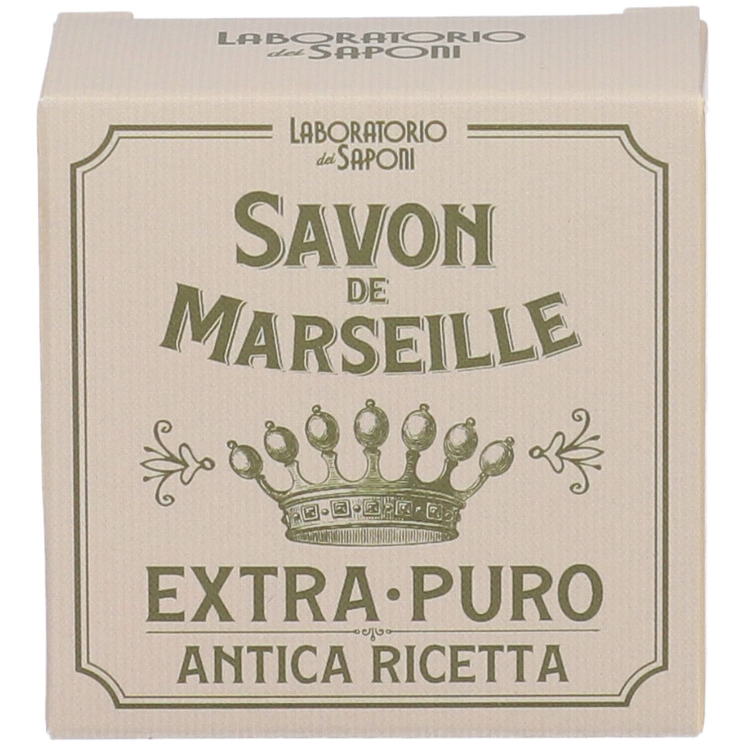 Scatola Savon de Marseille, Extra Puro, Antica Ricetta. Logo corona.