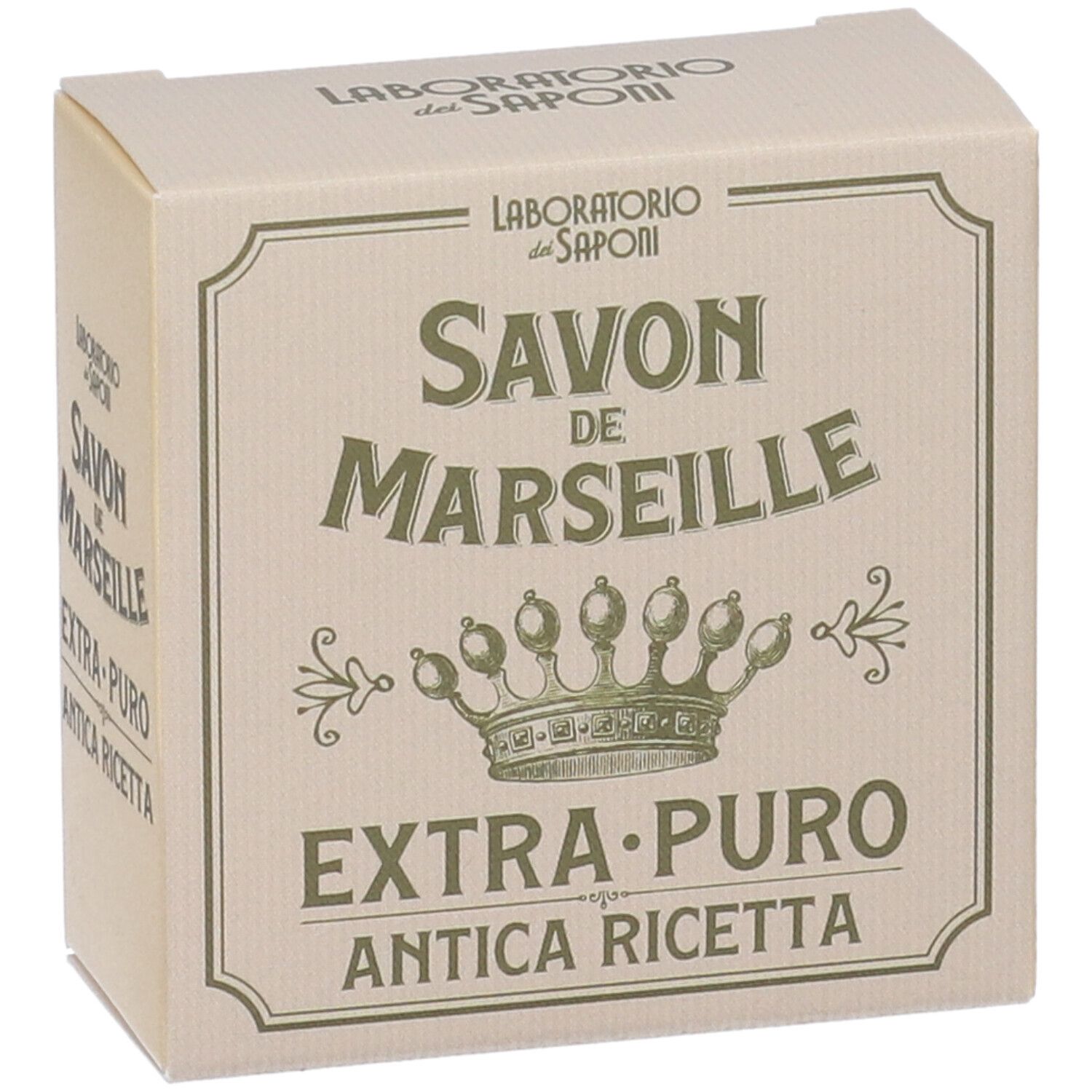 Scatola Savon de Marseille, Extra Puro, Antica Ricetta. Vista obliqua.