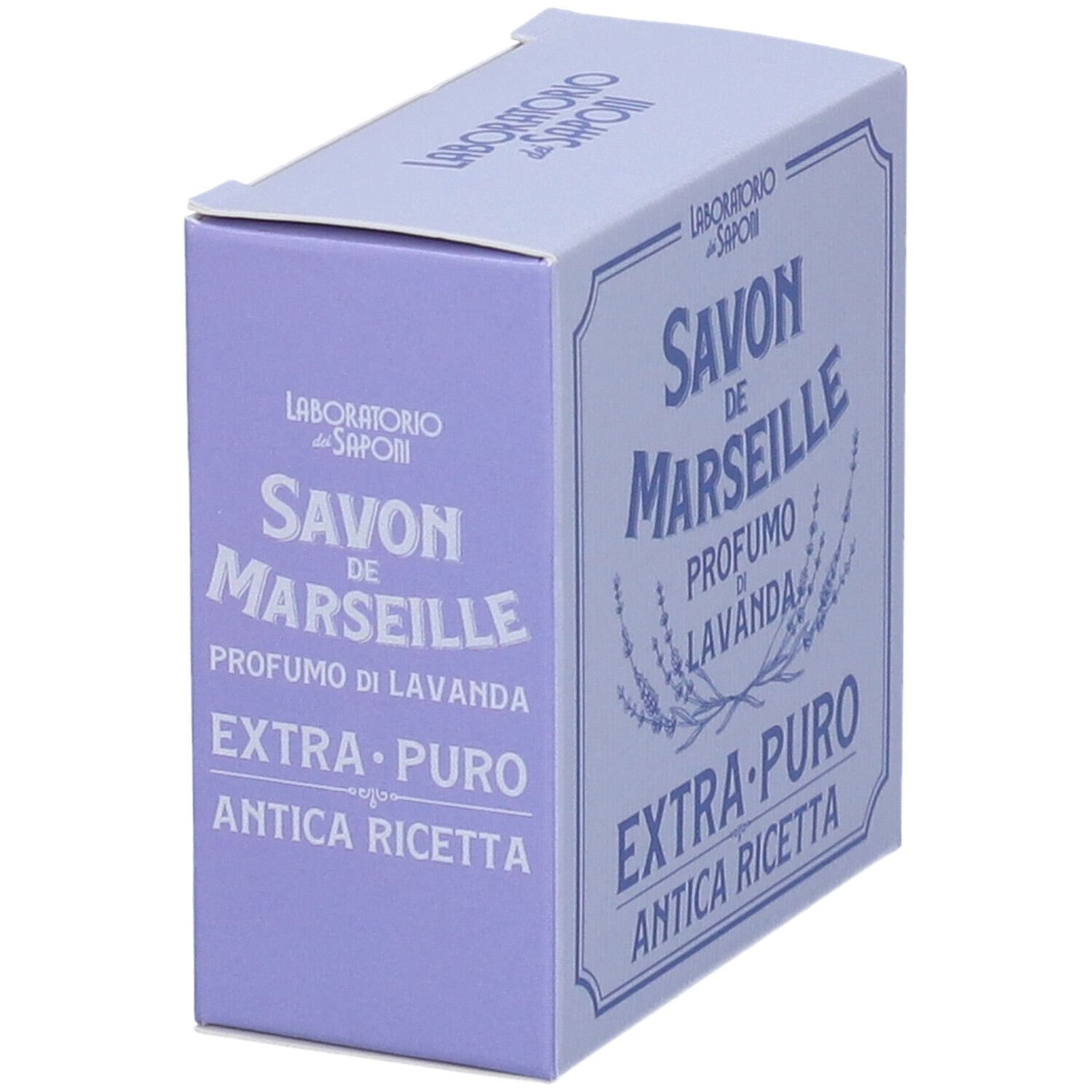 Scatola di cartone azzurro con SAVON DE MARSEILLE, profumo di lavanda, EXTRA-PURO, ANTICA RICETTA. Vista laterale. Laboratorio dei Saponi.