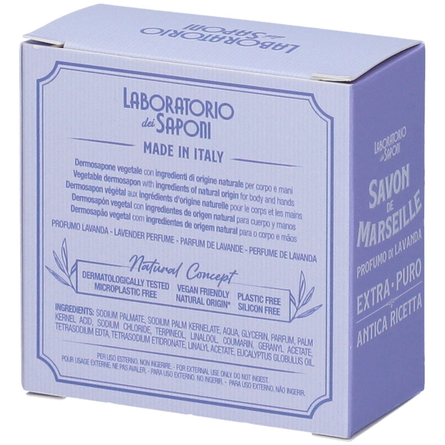 Retro della scatola di cartone azzurro con testo. SAVON DE MARSEILLE, ingredienti, Natural Concept, dermatologicamente testato, vegano.