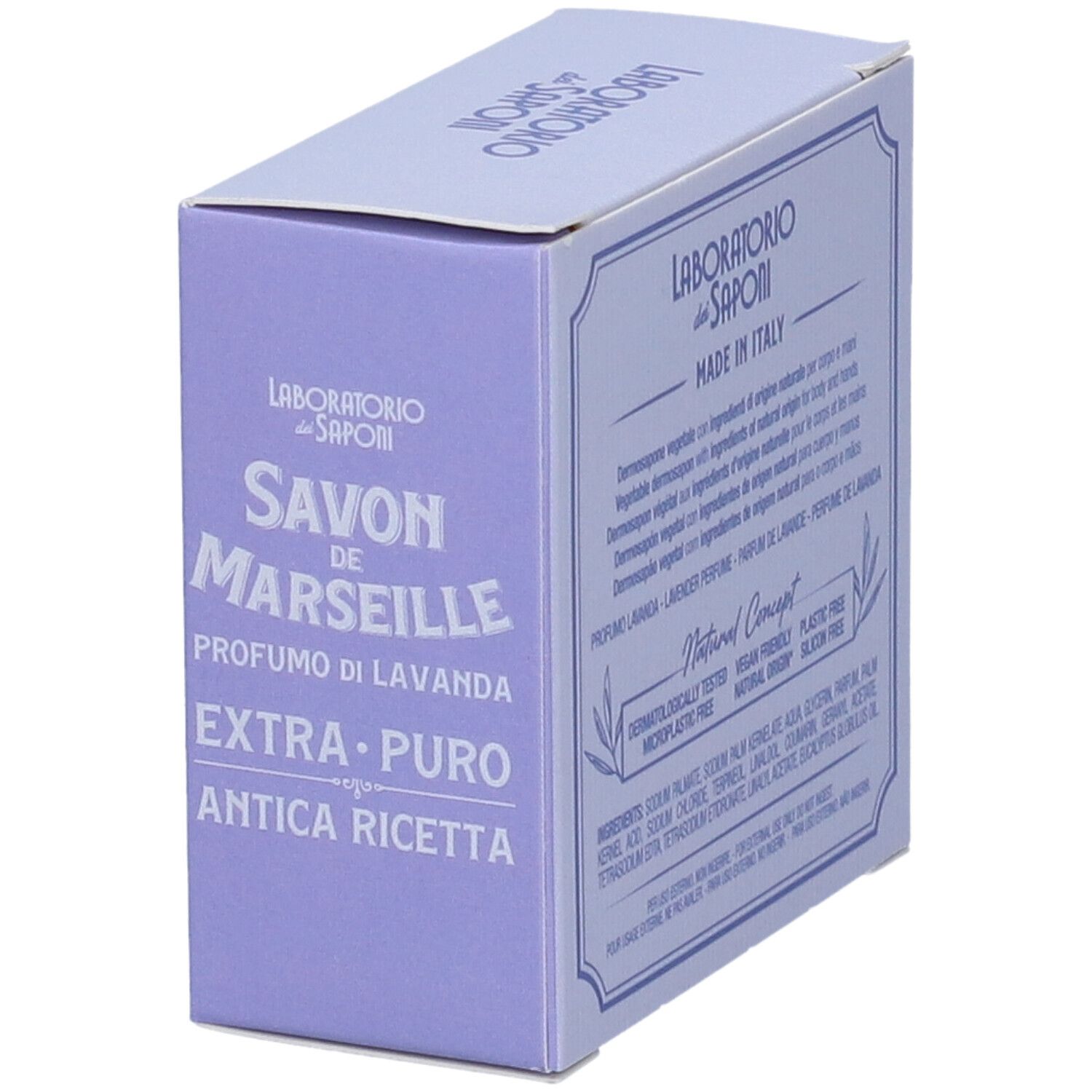 Scatola di cartone azzurro con SAVON DE MARSEILLE, profumo di lavanda, EXTRA-PURO, ANTICA RICETTA. Vista laterale. Laboratorio dei Saponi.