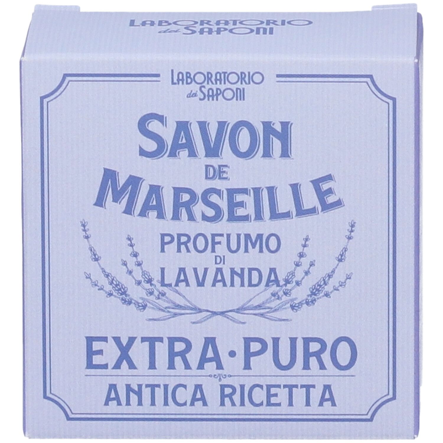 Scatola di cartone azzurro con SAVON DE MARSEILLE, profumo di lavanda, EXTRA-PURO, ANTICA RICETTA. Laboratorio dei Saponi.