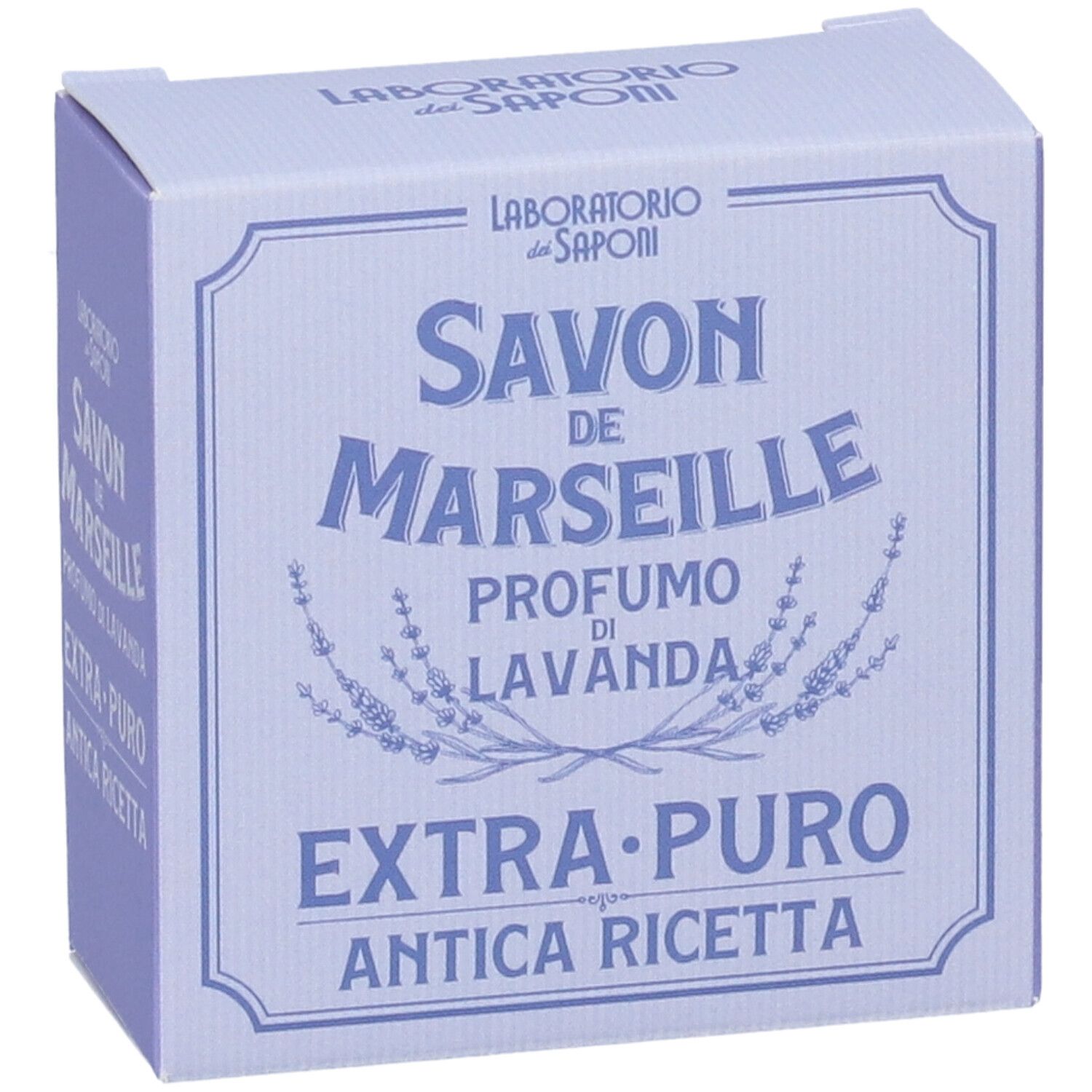 Scatola di cartone azzurro con SAVON DE MARSEILLE, profumo di lavanda, EXTRA-PURO, ANTICA RICETTA. Laboratorio dei Saponi.