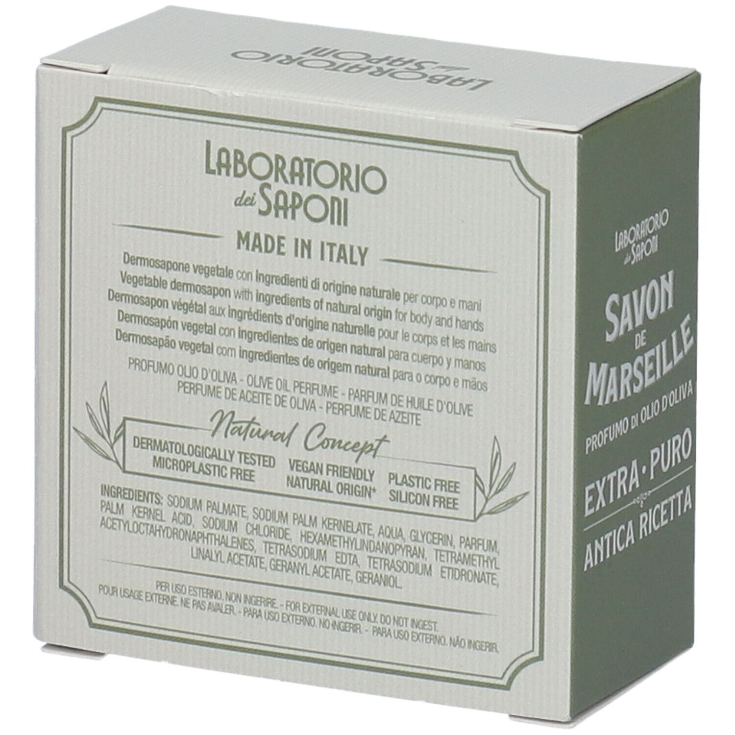 Confezione in cartone con testi multilingue. Contiene informazioni sugli ingredienti e le certificazioni.