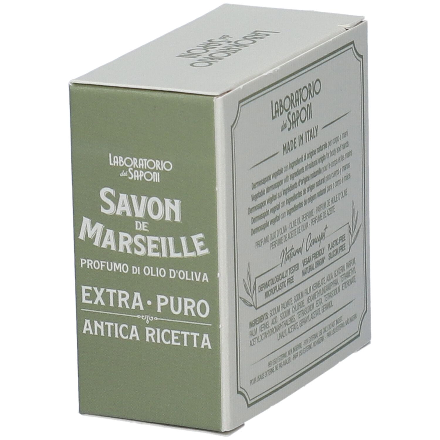 Confezione in cartone SAVON DE MARSEILLE, profumo olio d'oliva, EXTRA-PURO, ANTICA RICETTA. Vista laterale con testo e logo.