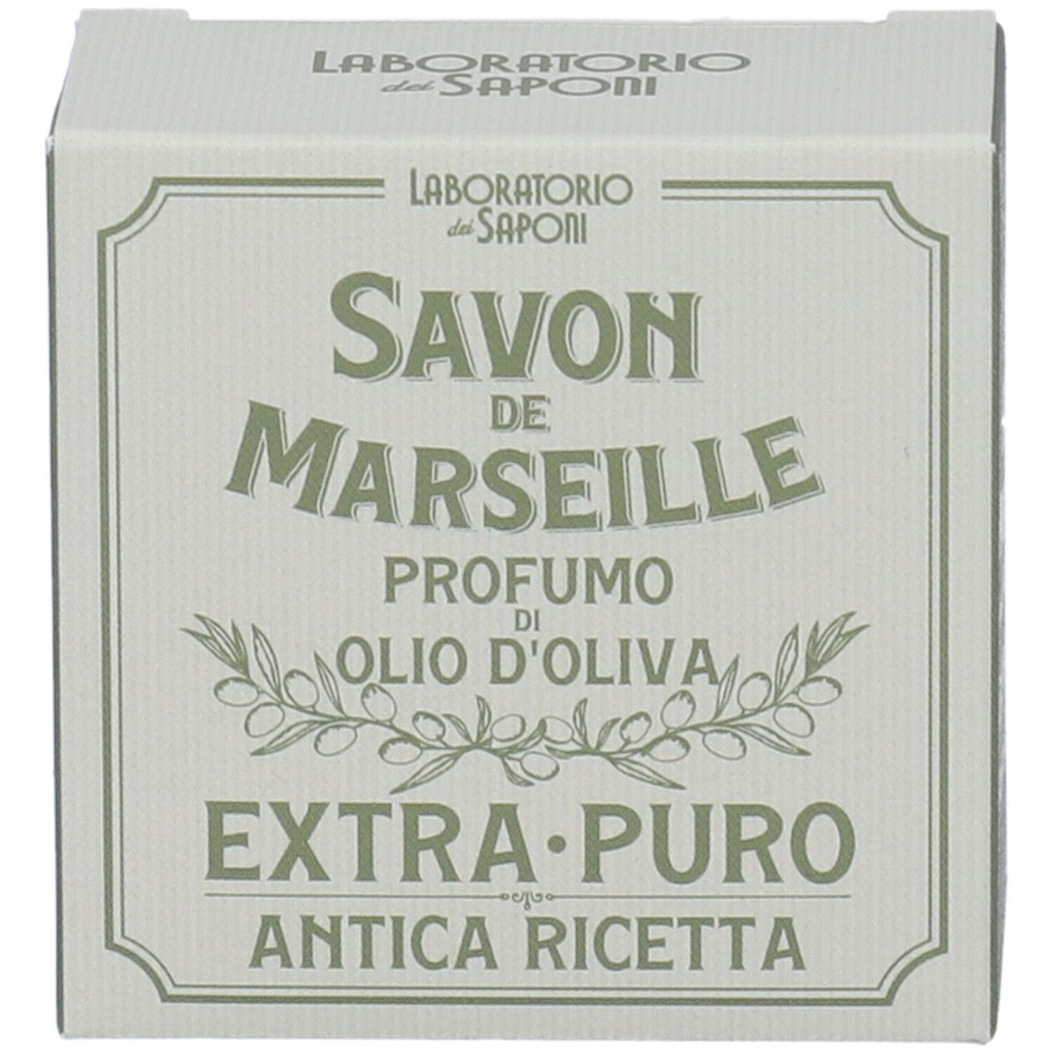 Confezione in cartone con SAVON DE MARSEILLE, profumo olio d'oliva, EXTRA-PURO, ANTICA RICETTA. Decorazione con ramo d'ulivo.