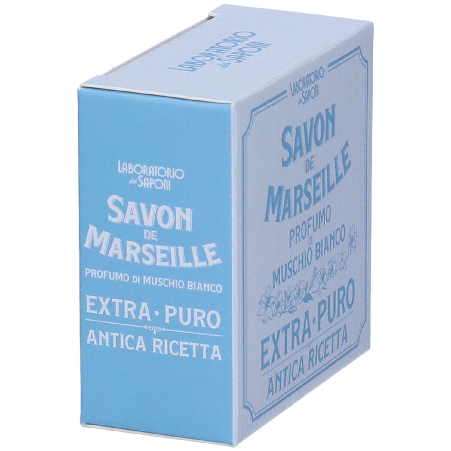Scatola di cartone azzurra. Scritta: Savon de Marseille, Profumo di Muschio Bianco, Extra Puro, Antica Ricetta. Laboratorio dei Saponi.