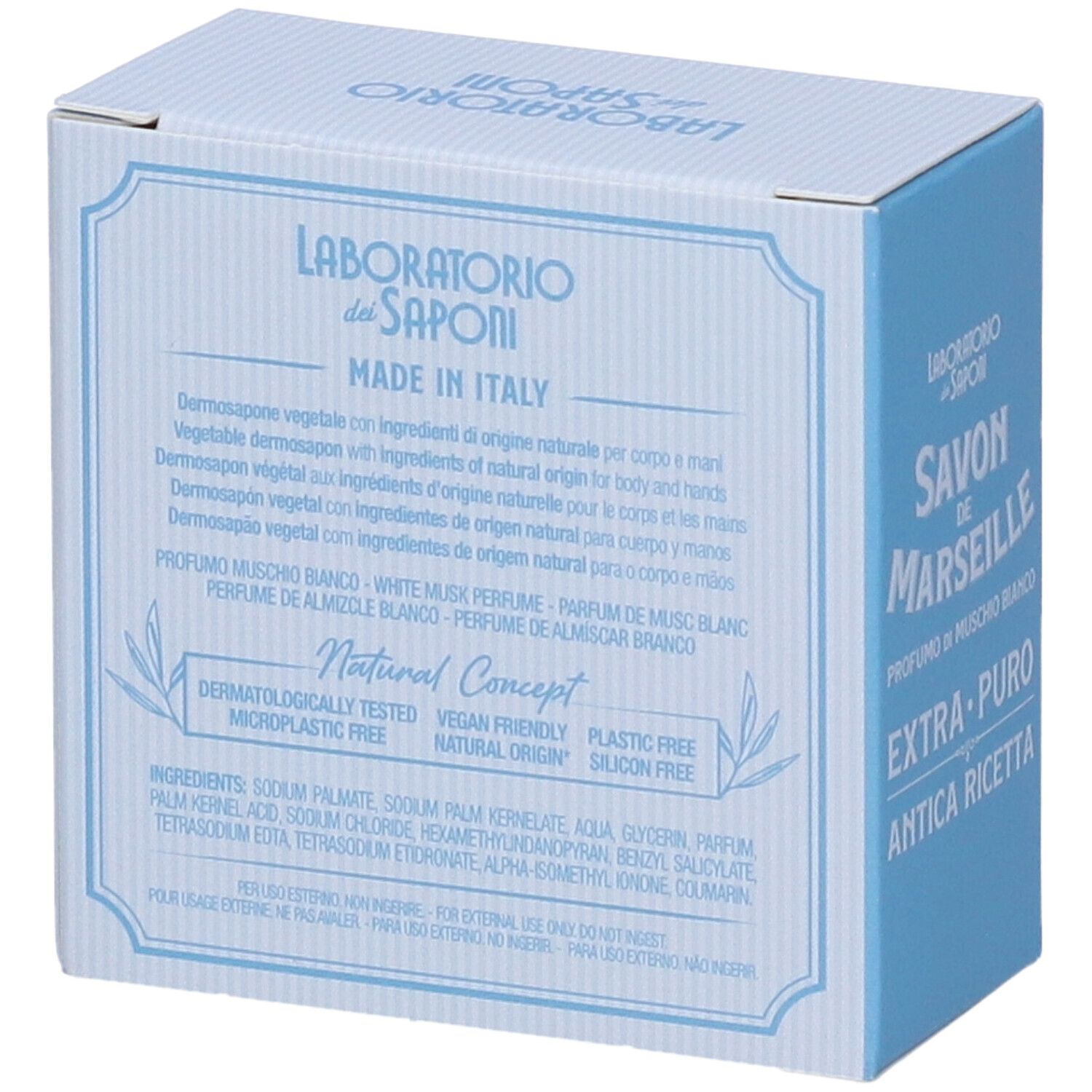 Retro della scatola di cartone azzurra. Testo multilingue. Scritta: Laboratorio dei Saponi, Made in Italy. Natural Concept.