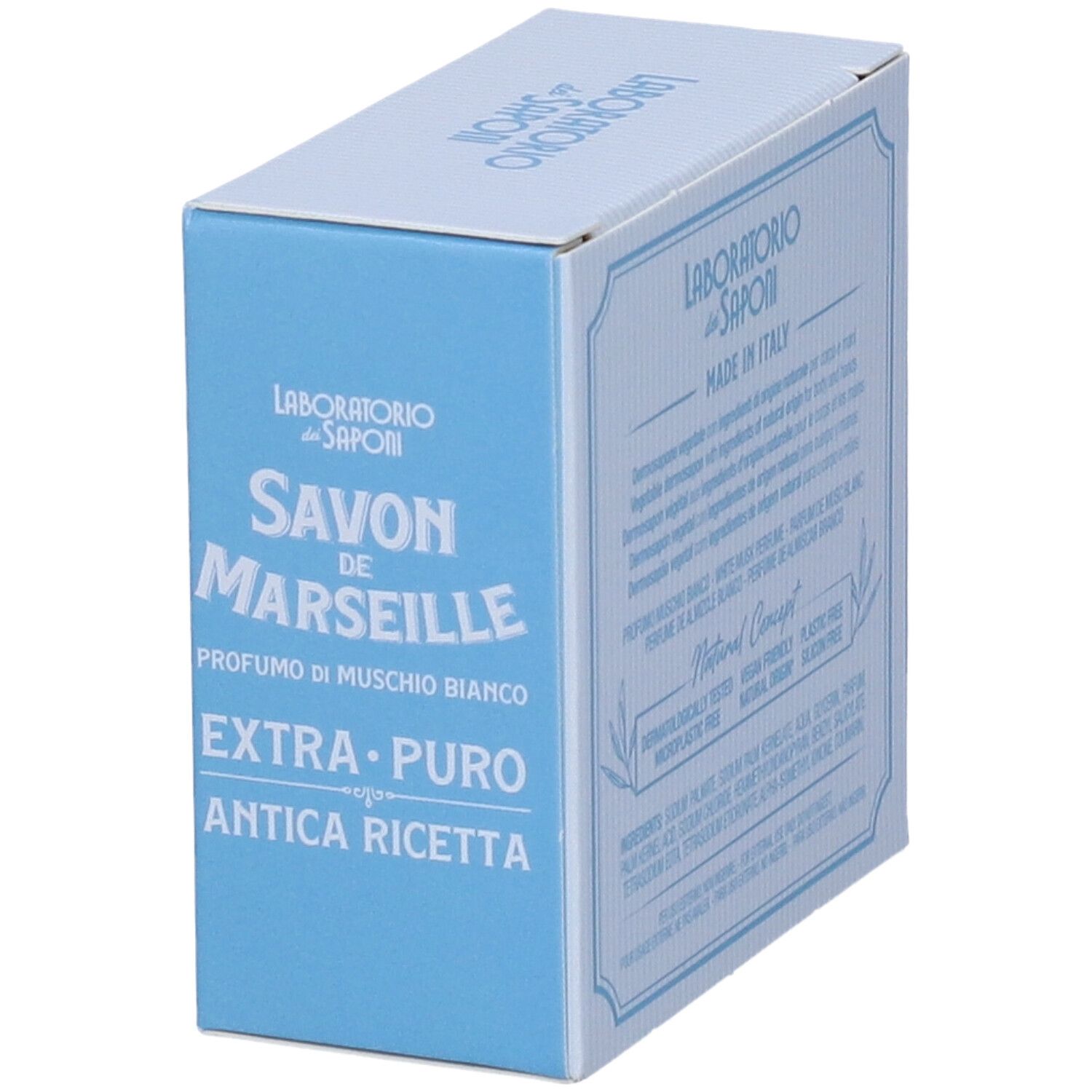 Scatola di cartone azzurra. Scritta: Savon de Marseille, Profumo di Muschio Bianco, Extra Puro, Antica Ricetta. Laboratorio dei Saponi.