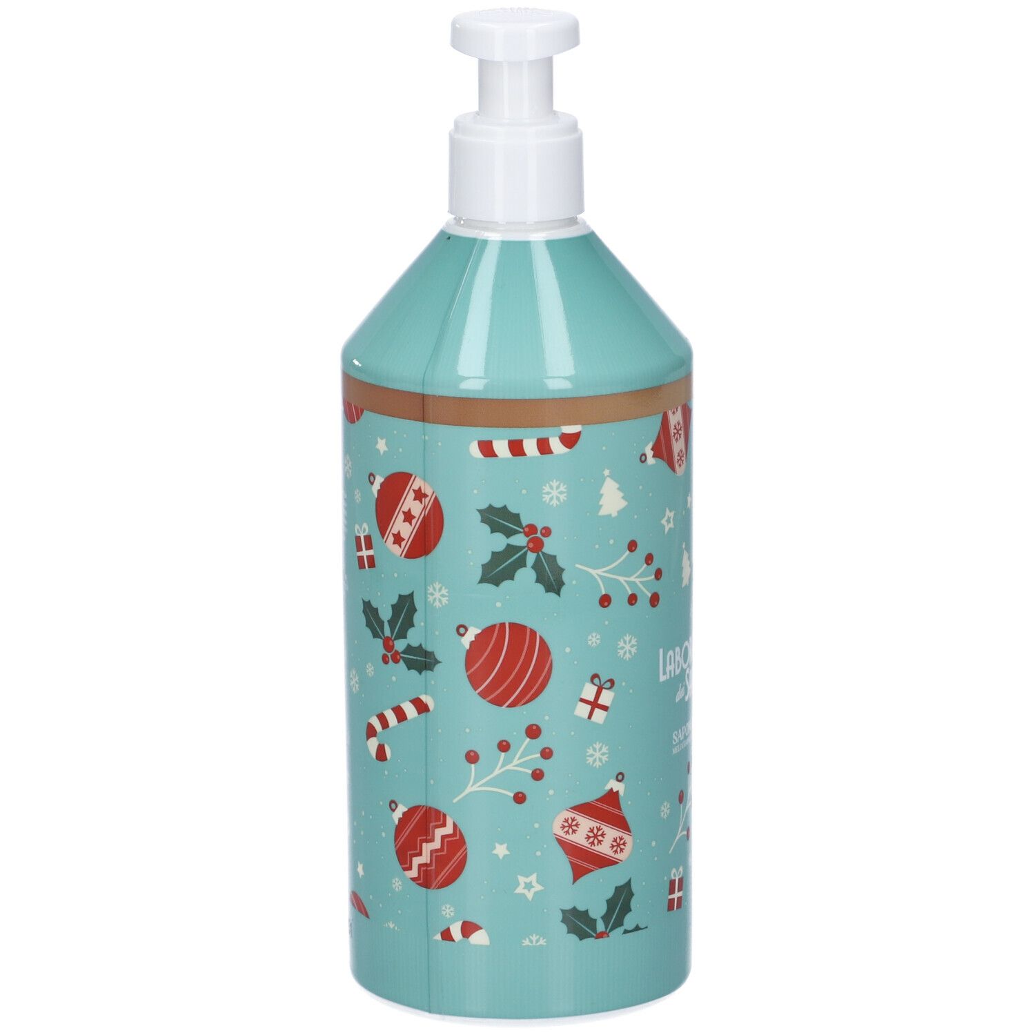 Flacone di sapone liquido turchese con dispenser bianco. Decorazioni natalizie con palline rosse, regali e agrifoglio. Scritta: Laboratorio dei Saponi.