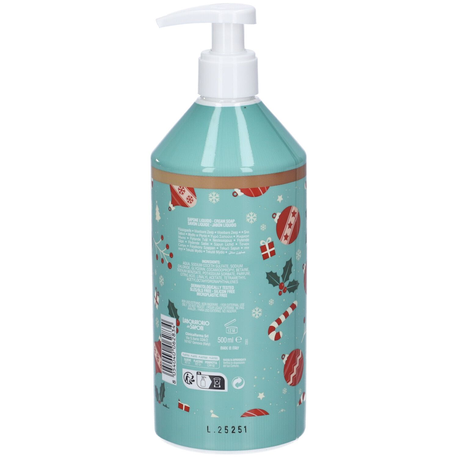 Flacone di sapone liquido turchese con dispenser bianco. Retro con testo e decorazioni natalizie. Scritta: Laboratorio dei Saponi.