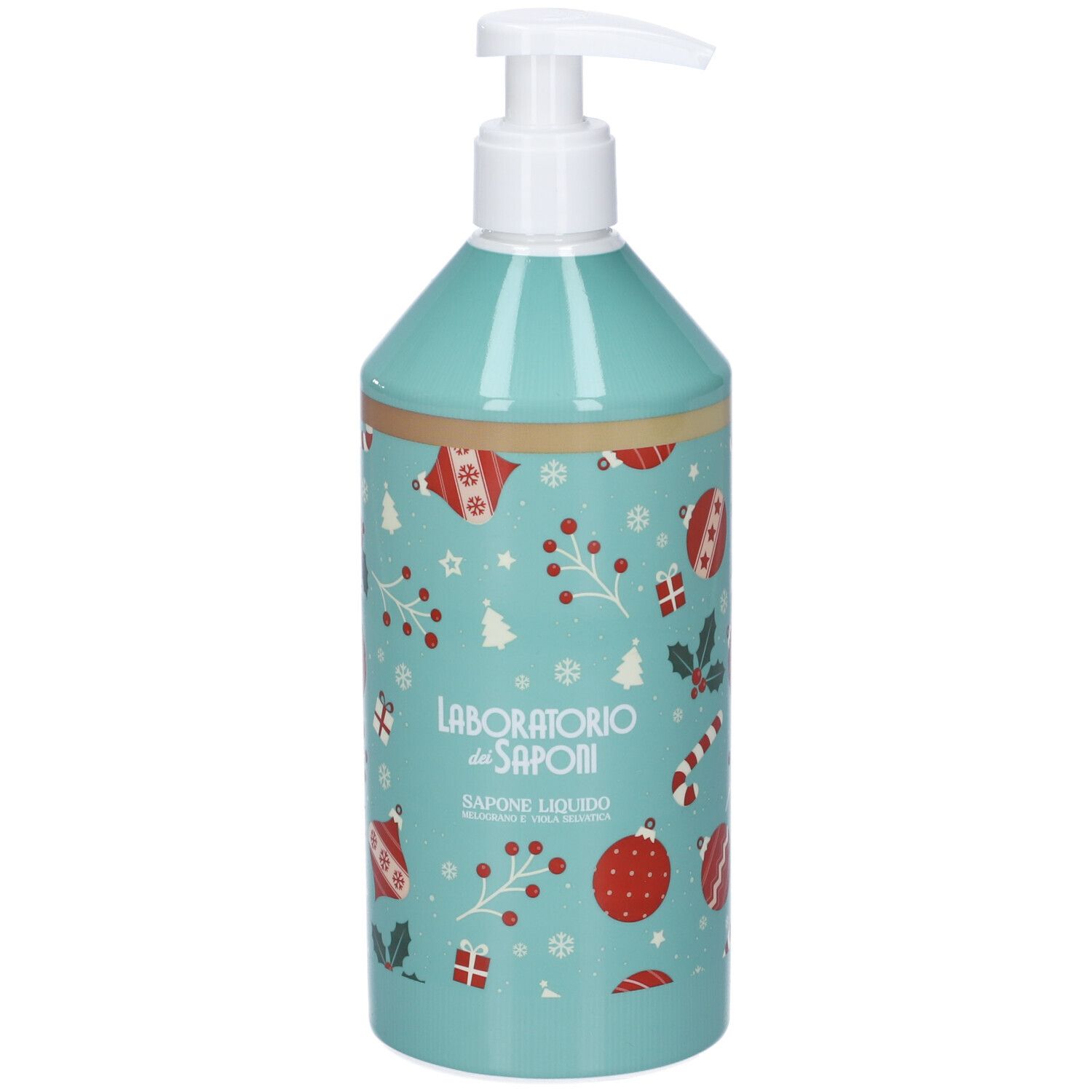 Flacone di sapone liquido turchese con dispenser bianco. Decorazioni natalizie con palline rosse, regali e agrifoglio. Scritta: Laboratorio dei Saponi.
