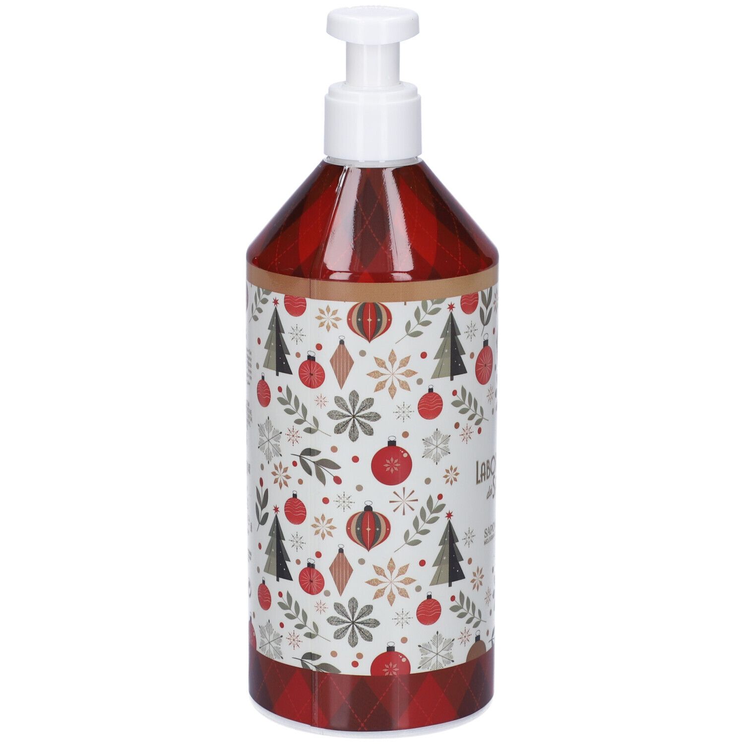 Flacone rosso con dosatore bianco. Etichetta con decorazioni natalizie e scritta.