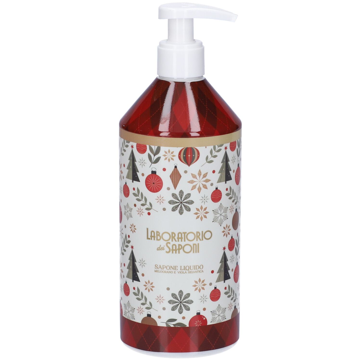 Flacone rosso con dosatore bianco. Etichetta con scritta Laboratorio dei Saponi e decorazioni natalizie.