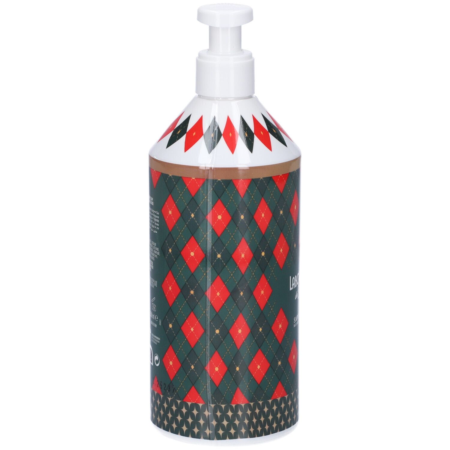 Dispenser di sapone liquido con motivo a rombi verdi e rossi. Scritta: Laboratorio dei Saponi. Retro con testo e codice a barre.