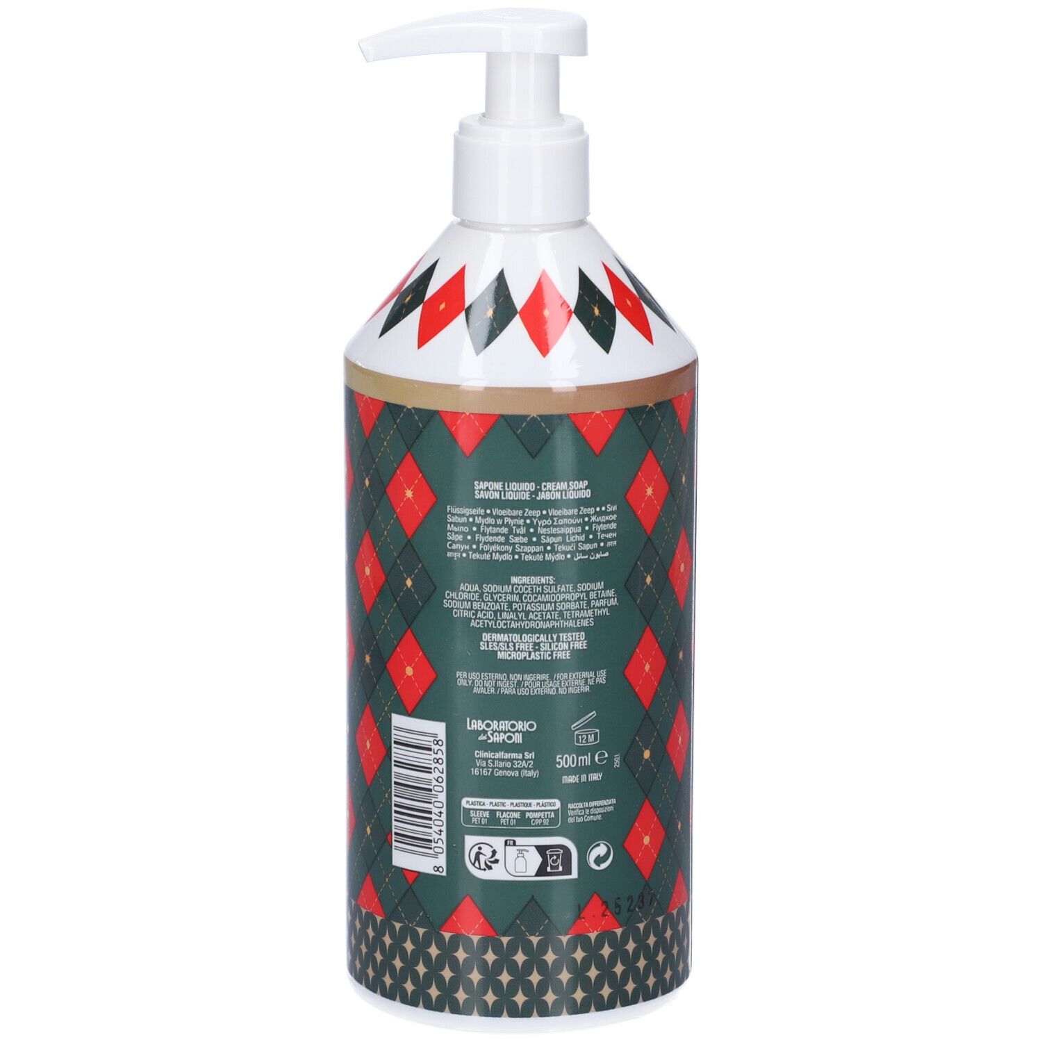 Dispenser di sapone liquido con motivo a rombi verdi e rossi. Scritta: Laboratorio dei Saponi. Retro con testo, ingredienti e codice a barre.
