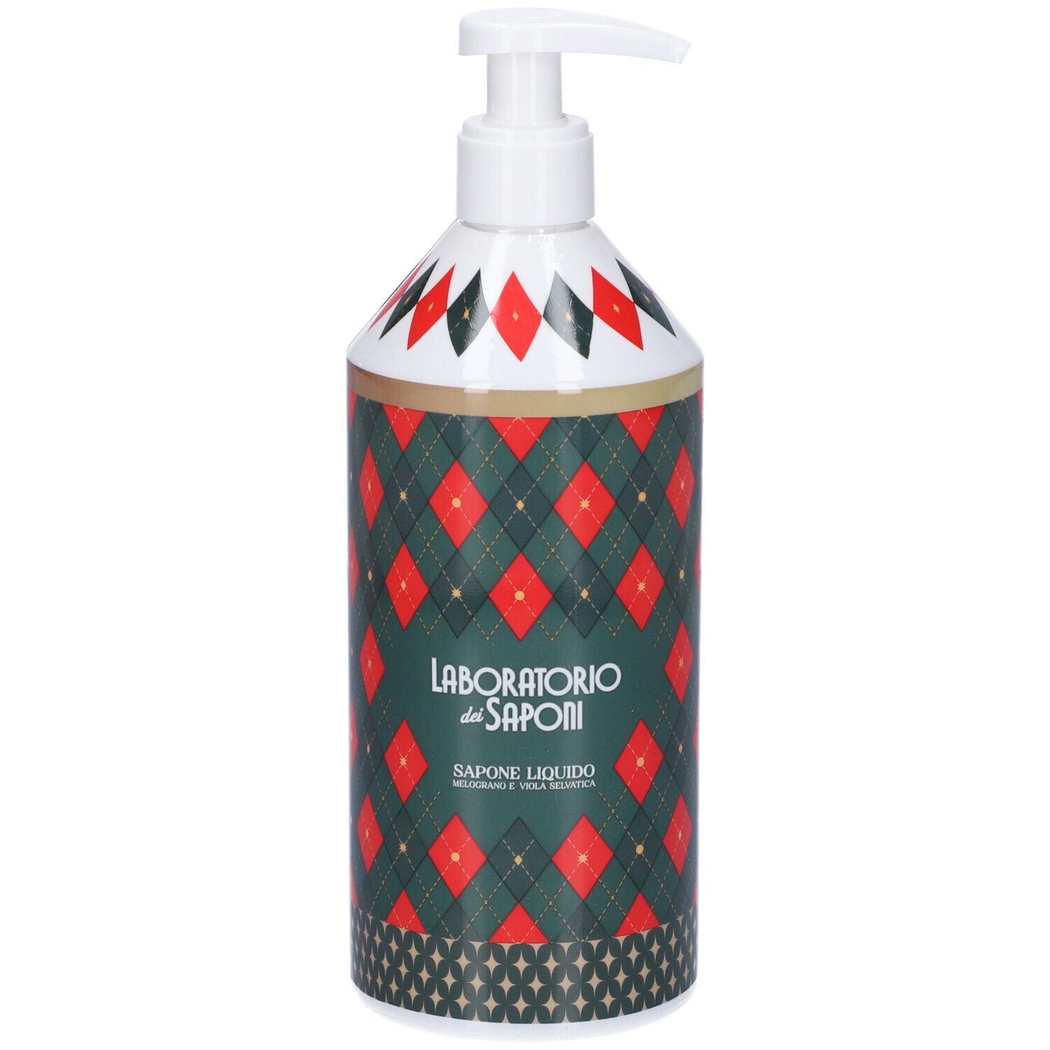 Dispenser di sapone liquido con erogatore bianco. Motivo a rombi verdi e rossi. Scritta: Laboratorio dei Saponi, Sapone Liquido.