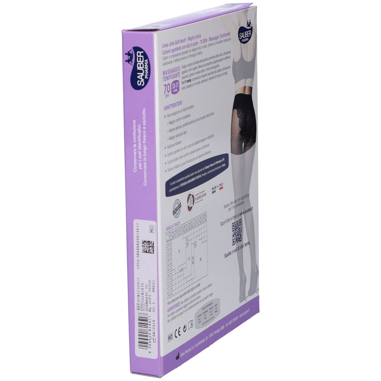 Confezione collant Sauber Pharma Jolie, vista laterale. Informazioni e tabella taglie. Marchio e certificazioni.