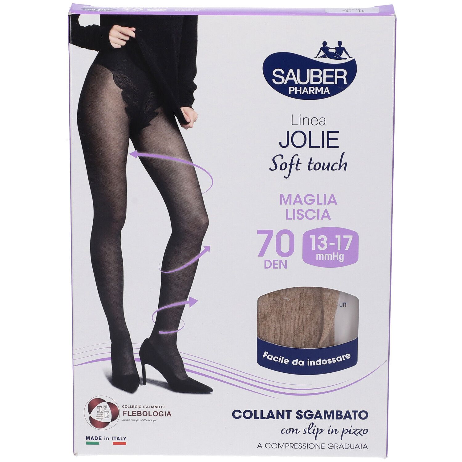 Collant nero Sauber Pharma Jolie, 70 denari, con pizzo. Confezione con finestra. Marchio visibile. Made in Italy.